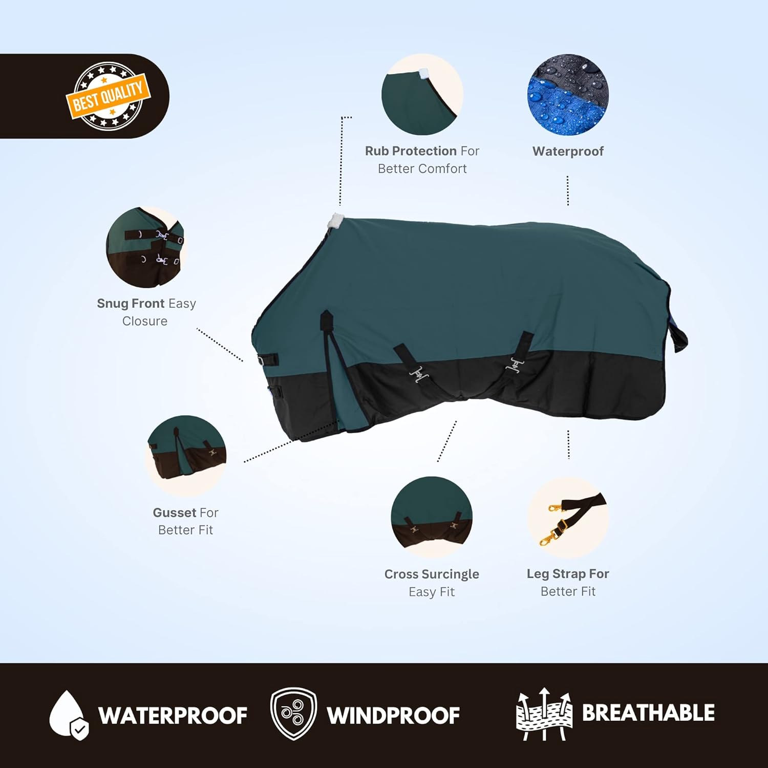 Resistance Hoja de lluvia ligera impermeable y transpirable de 600 denier para caballos