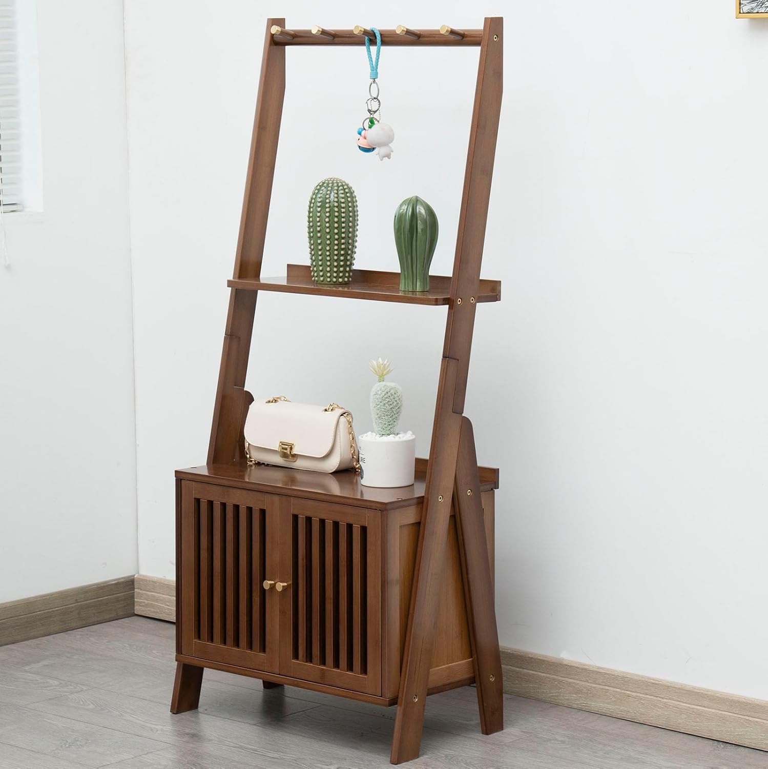 K KELBEL Estante de escalera de bambú moderno, estantería alta de madera, estantes de pared inclinados, estantes de almacenamiento abiertos para