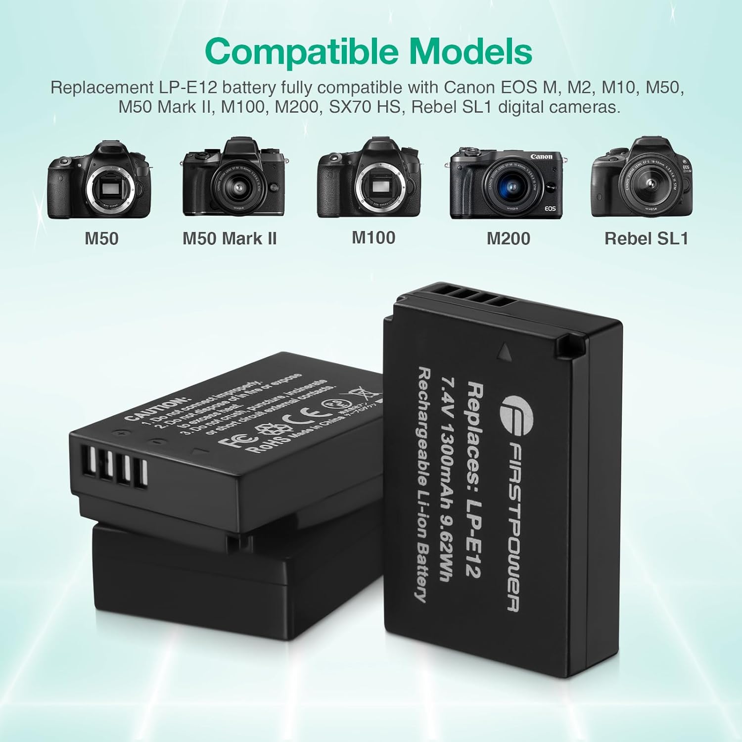 FirstPower LP-E12 – Paquete de 3 baterías y cargador de triple ranura para cámaras digitales Canon EOS M50, M50 Mark II, M, M2, M10, M100, M200,