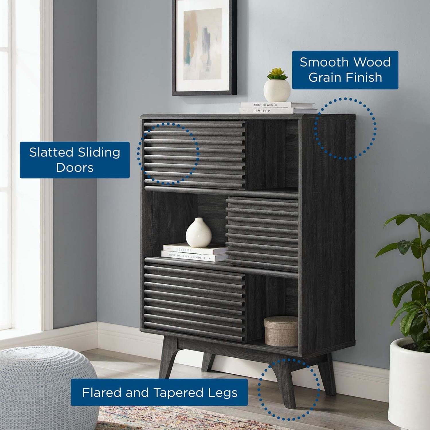 Modway Render Mid-Century – Mueble de almacenamiento de tres niveles en color carbón