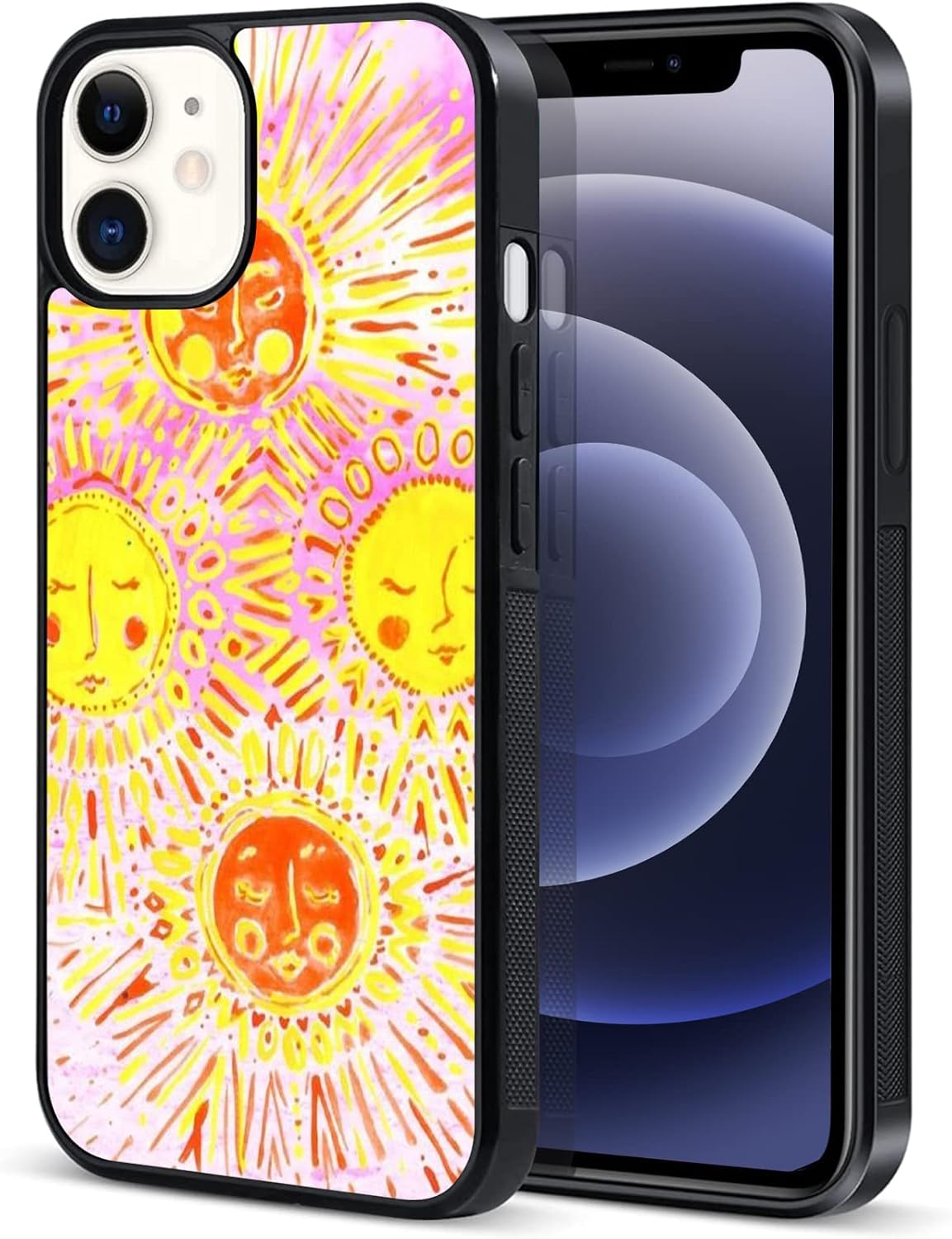 UNNKINE Funda retro amarilla para iPhone 14 Plus para niñas y mujeres, diseño de sol de arte, TPU suave, parte trasera dura, a prueba de golpes,