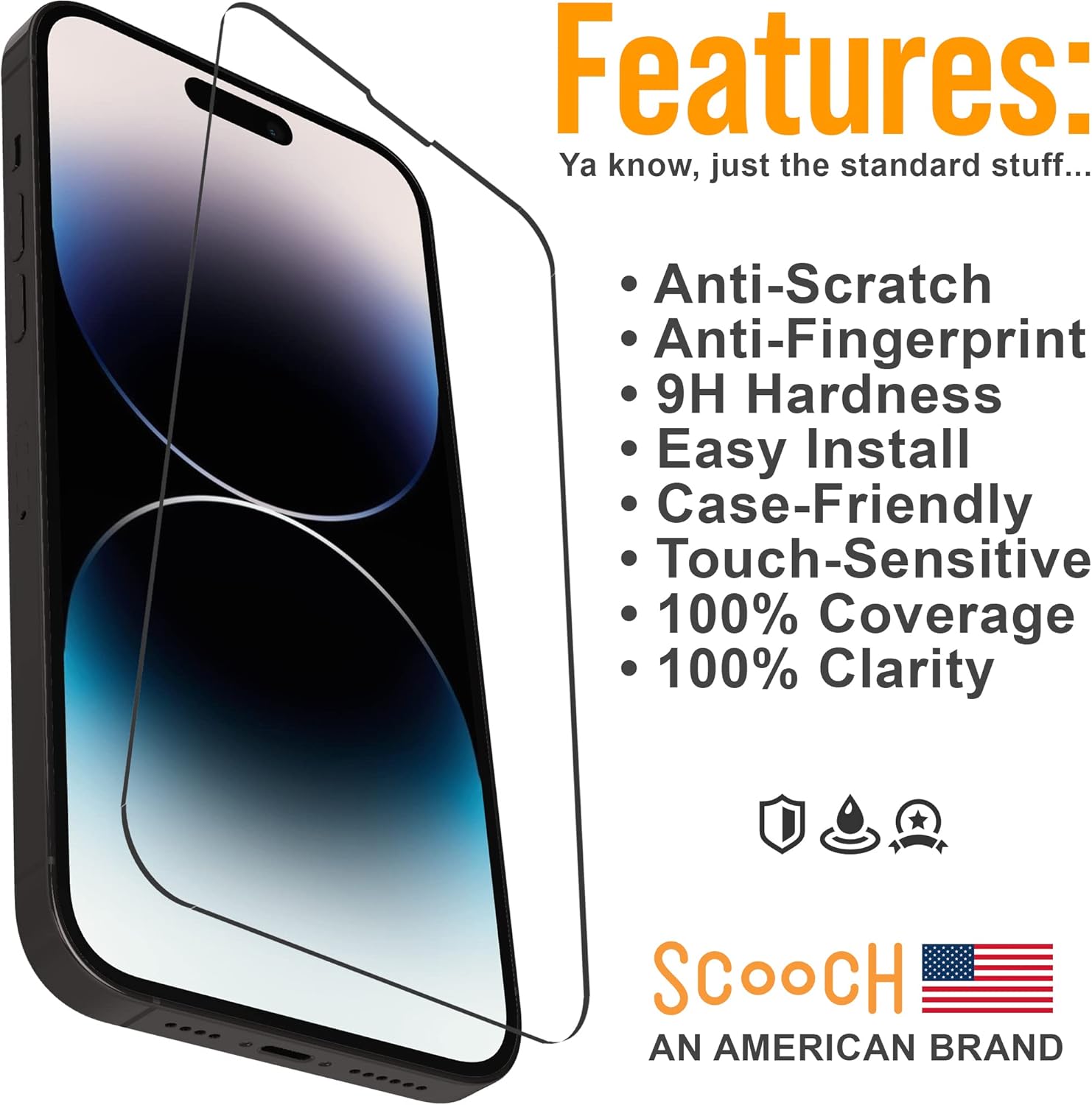 Scooch Protector de pantalla para iPhone 14 Pro Max (paquete de 3) vidrio templado 9H de alta calidad, antiarañazos, antihuellas, resistente a los