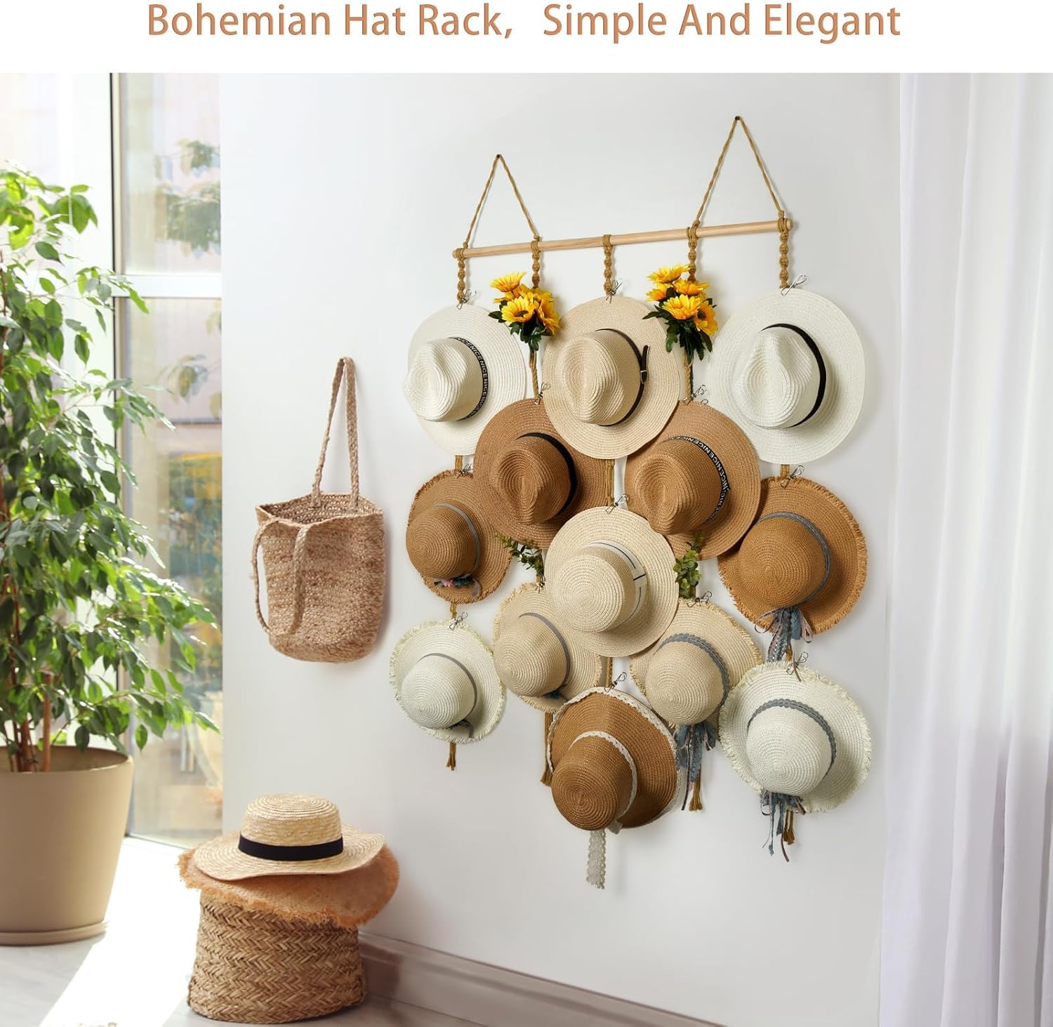 Organizador de sombreros de macramé para pared, 15 clips de 31 x 53 pulgadas, ganchos grandes para sombreros de Fedora, para almacenamiento de