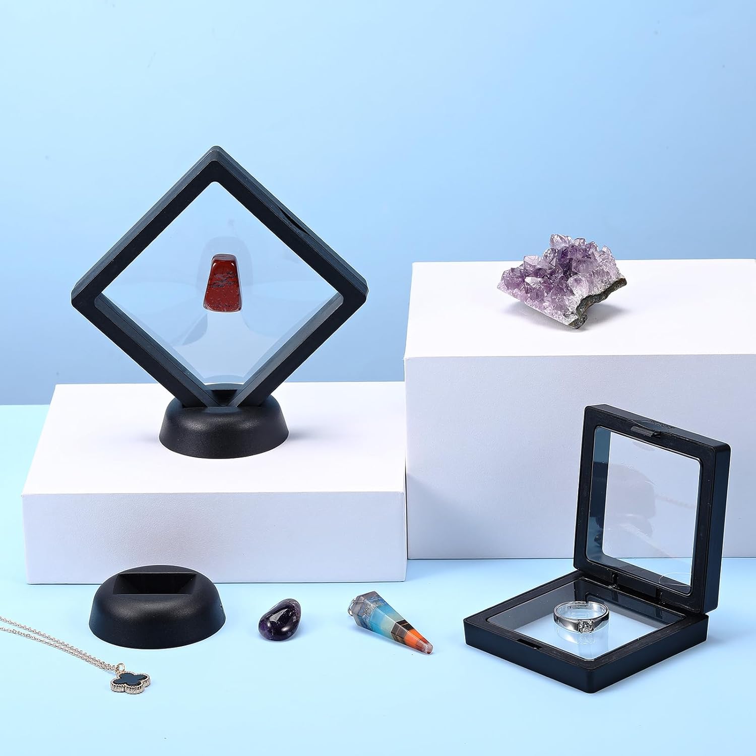 60 piezas de vitrina flotante 3D de película de polietileno para joyería, caja de almacenamiento de monedas, soportes para monedas antiguas de