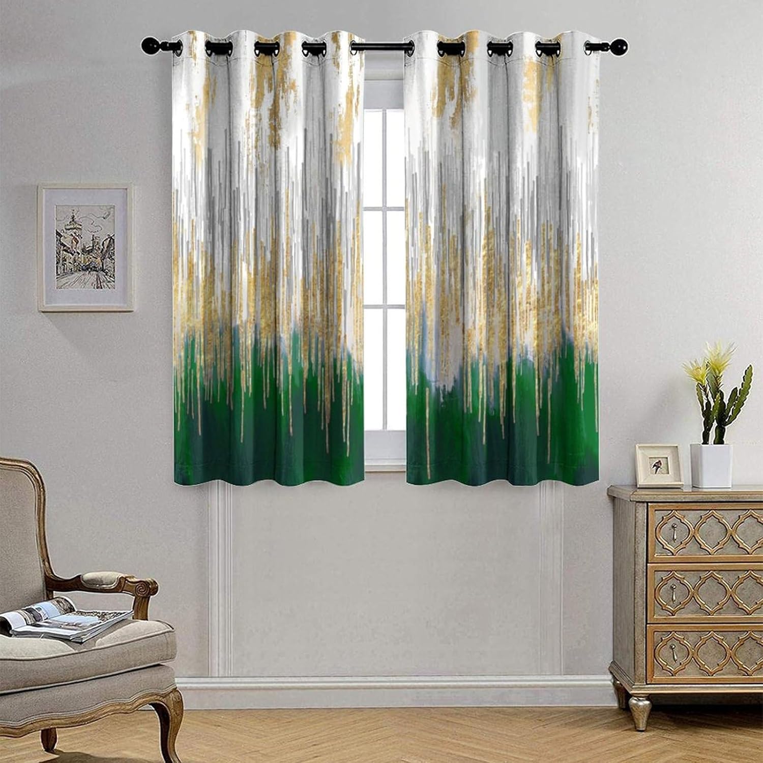 Cortinas modernas abstractas y verdes para dormitorio, textura geométrica de tinta dorada, pintura al óleo, arte de pintura al óleo, aislamiento