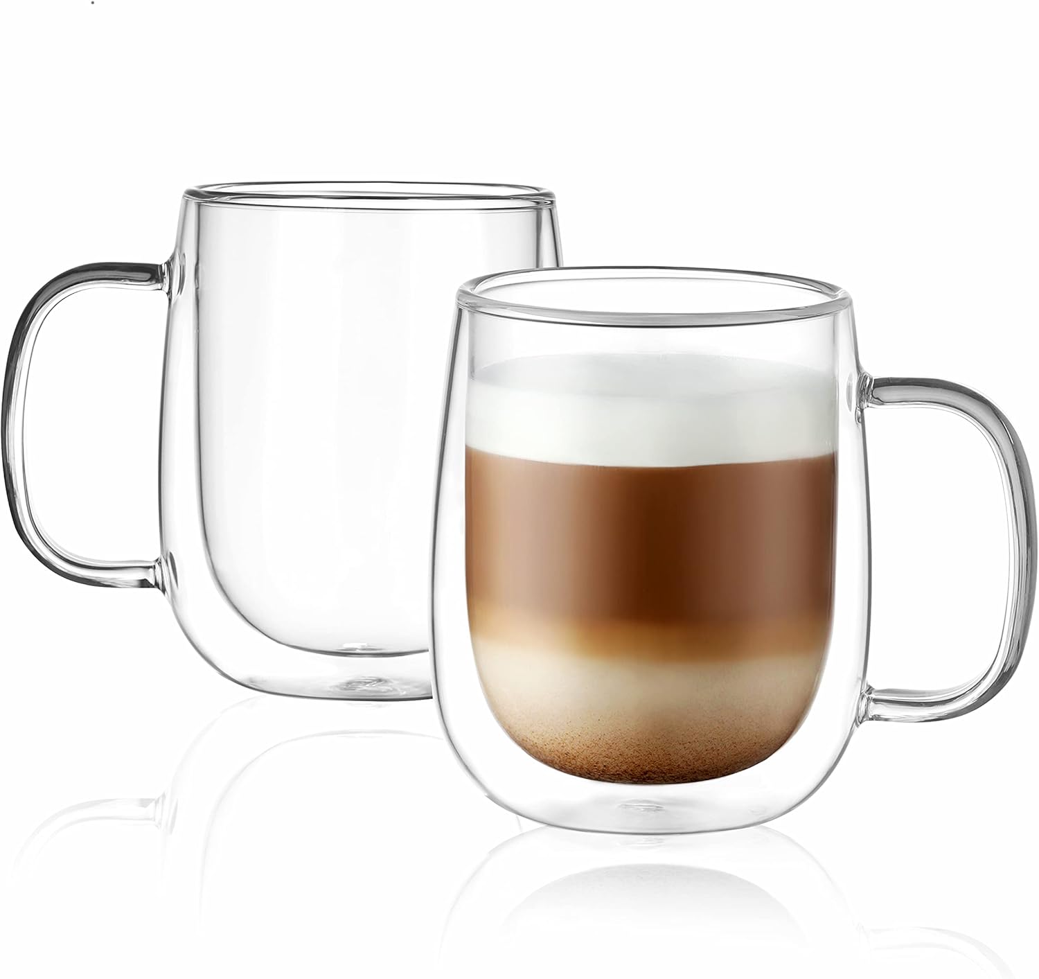CNGLASS Tazas de café de vidrio de 12 onzas, juego de tazas aisladas de doble pared con asa, tazas de café de vidrio transparente para café con