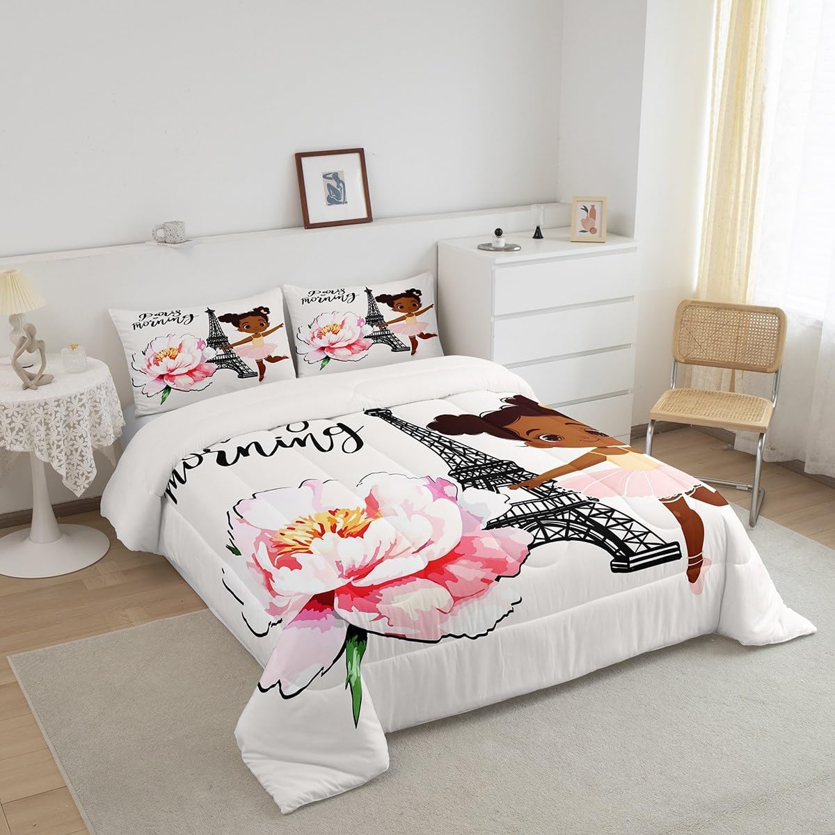 Juego de ropa de cama de la Torre Eiffel para niñas, elegante juego de edredón de París, lindo relleno de edredón negro de ballet para mujeres,
