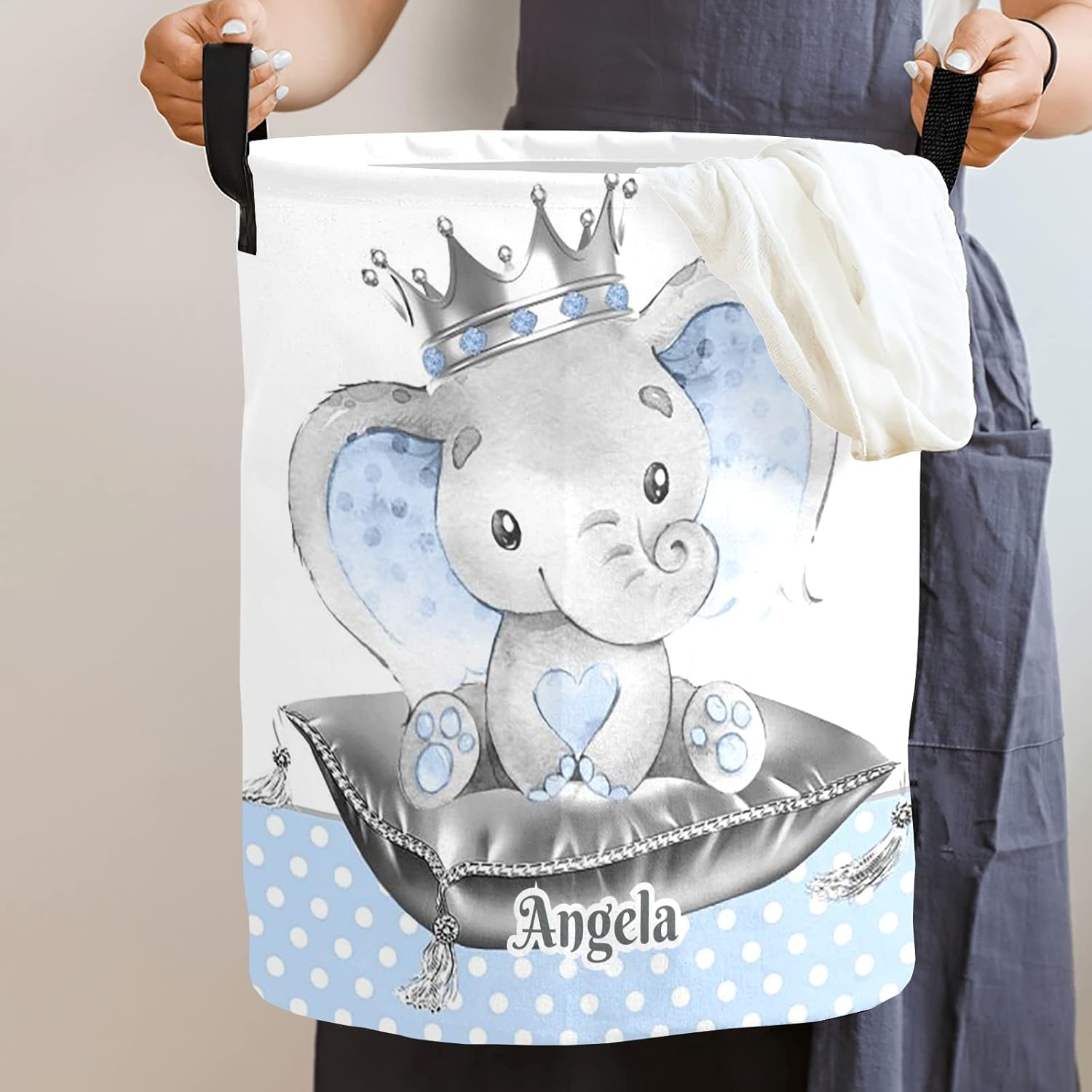 Cestas de lavandería personalizadas de elefante con nombre, cesta de almacenamiento de ropa plegable con asa para baño, dormitorio, cocina