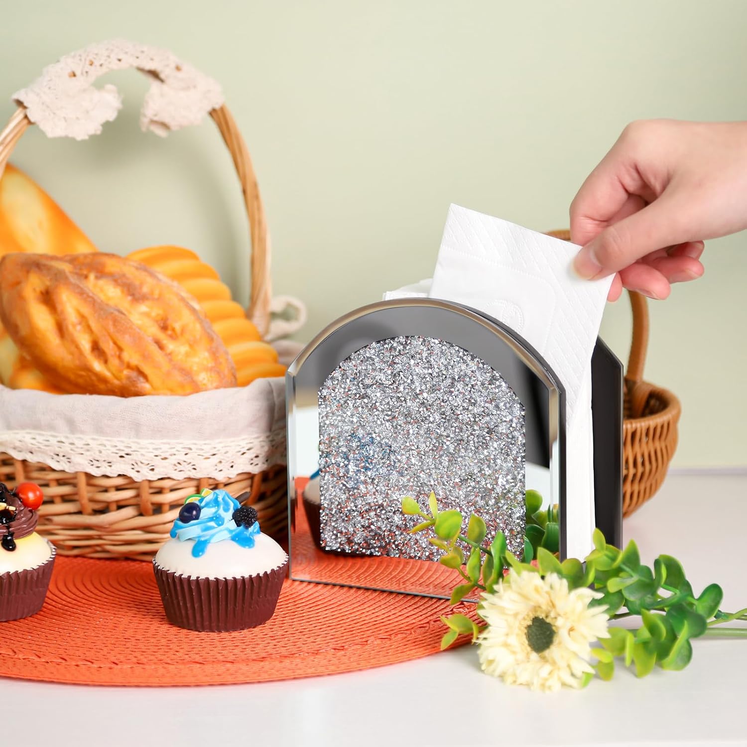 Servilletero con espejo de cristal triturado de diamante vertical, bonito soporte de servilleta de espejo de vidrio para mostrador de vidrio para