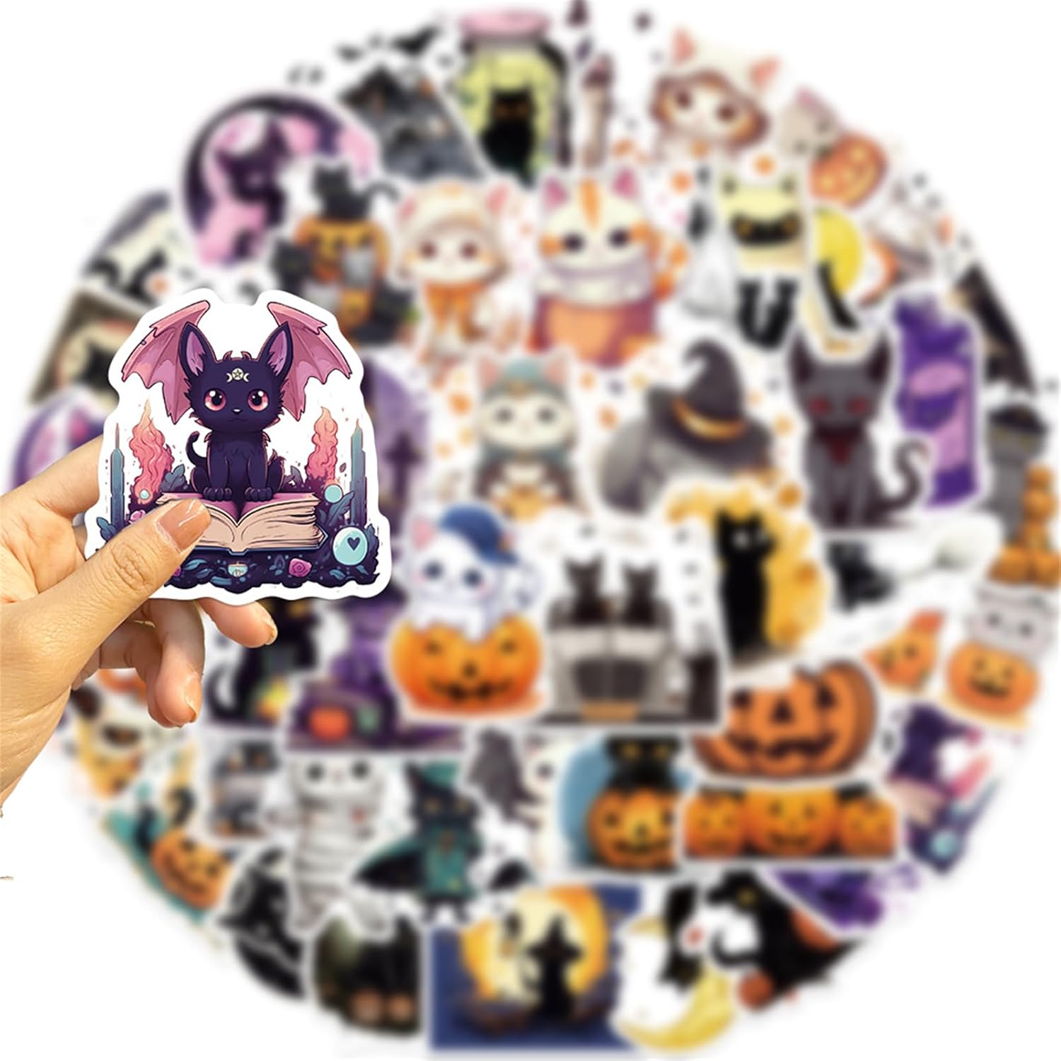 Calcomanías de gatos negros, 50 unidades Kawaii divertidas calcomanías de juguete de gatos de Halloween para libros, grafiti, calcomanías de vinilo