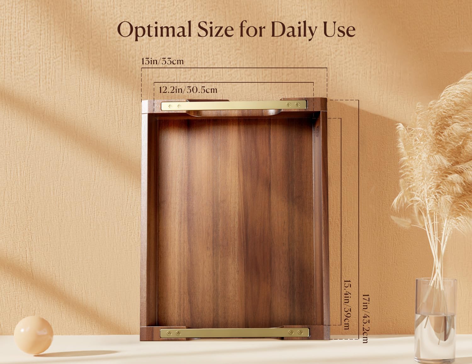 Bandeja de madera de acacia con asas de metal, bandeja otomana grande de 17 x 13 pulgadas, bandeja de alimentos y bebidas para mesa de café,
