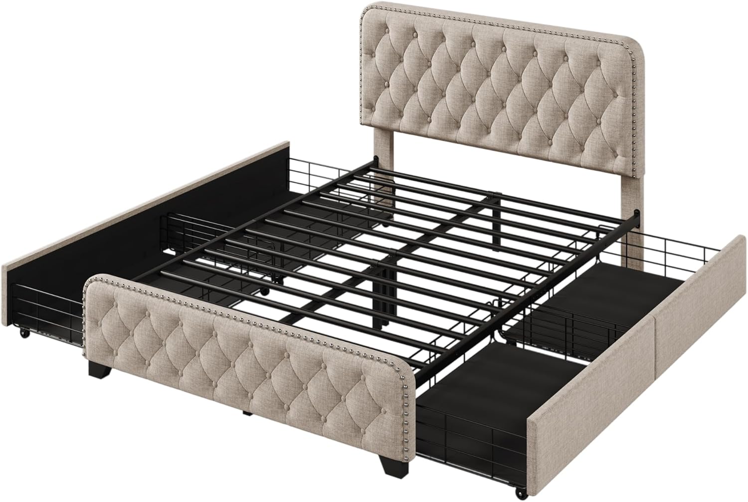 Bellemave Base de cama de plataforma completa con 4 cajones de almacenamiento y cabecero y estribo con botones, soporte de metal resistente, no