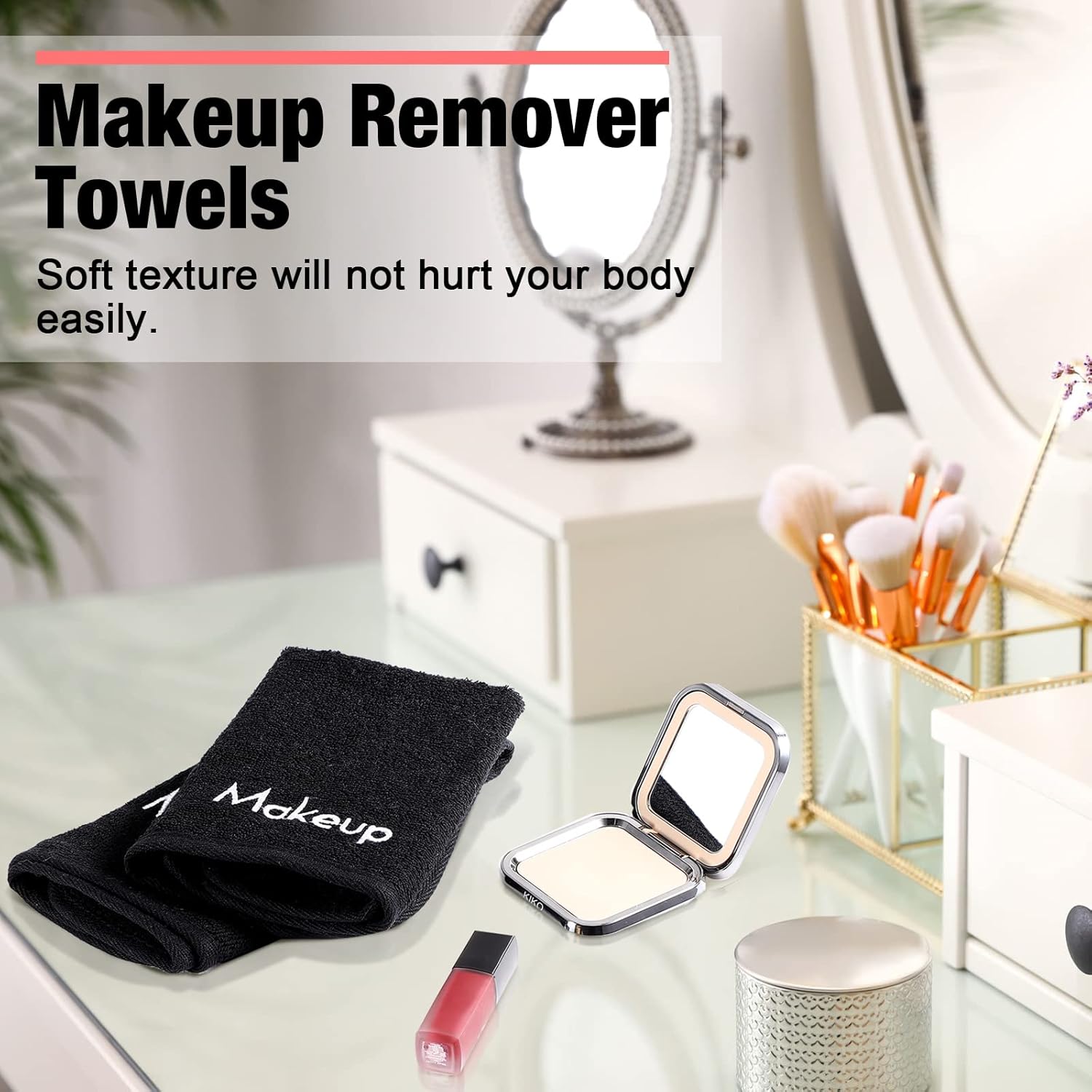 Chumia 72 paños removedores de maquillaje de 13 x 13 pulgadas, toallas de maquillaje con bordado negro, reutilizables, toallas faciales suaves para