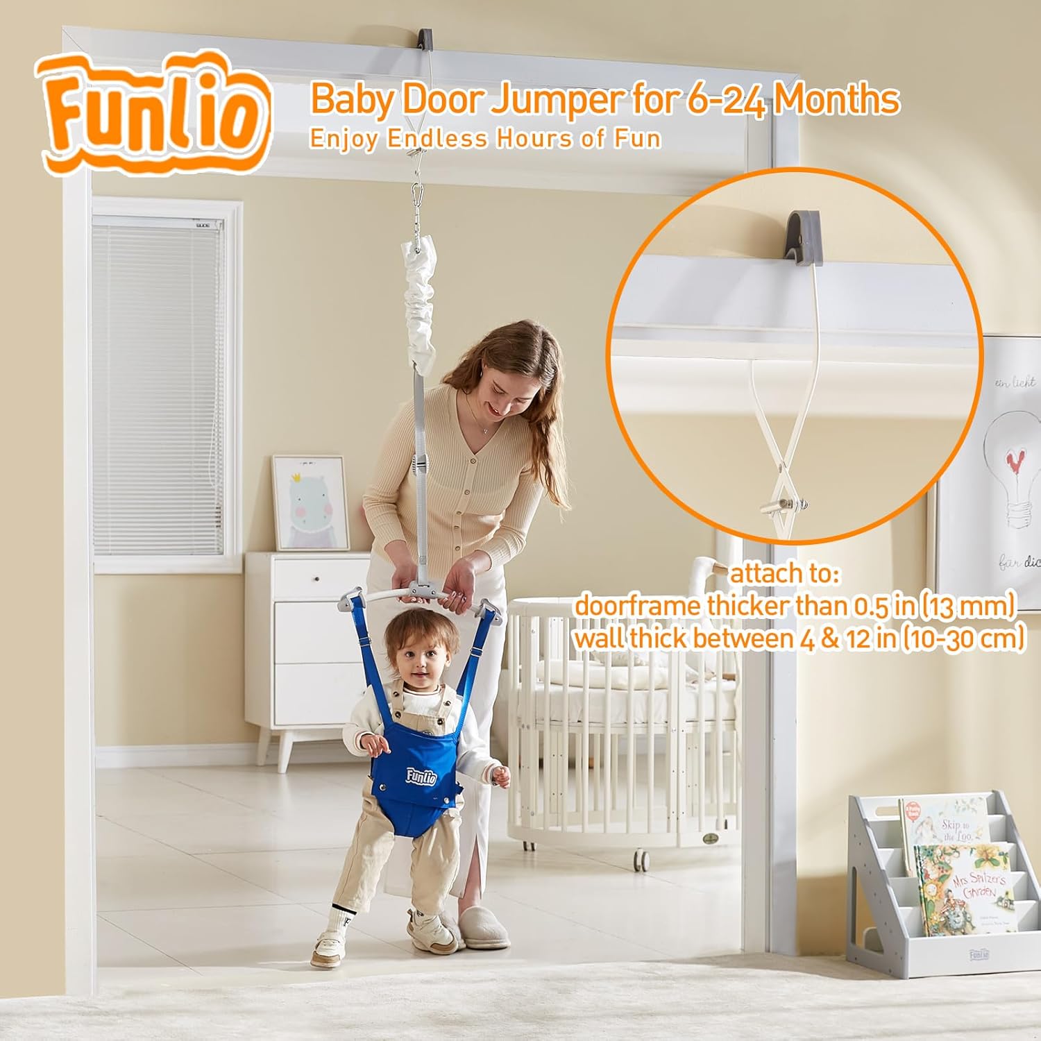 FUNLIO Saltador de puerta para bebé de 6 a 24 meses (con abrazadera de puerta), puerta de puente para bebé con resorte fuerte y correa ajustable,