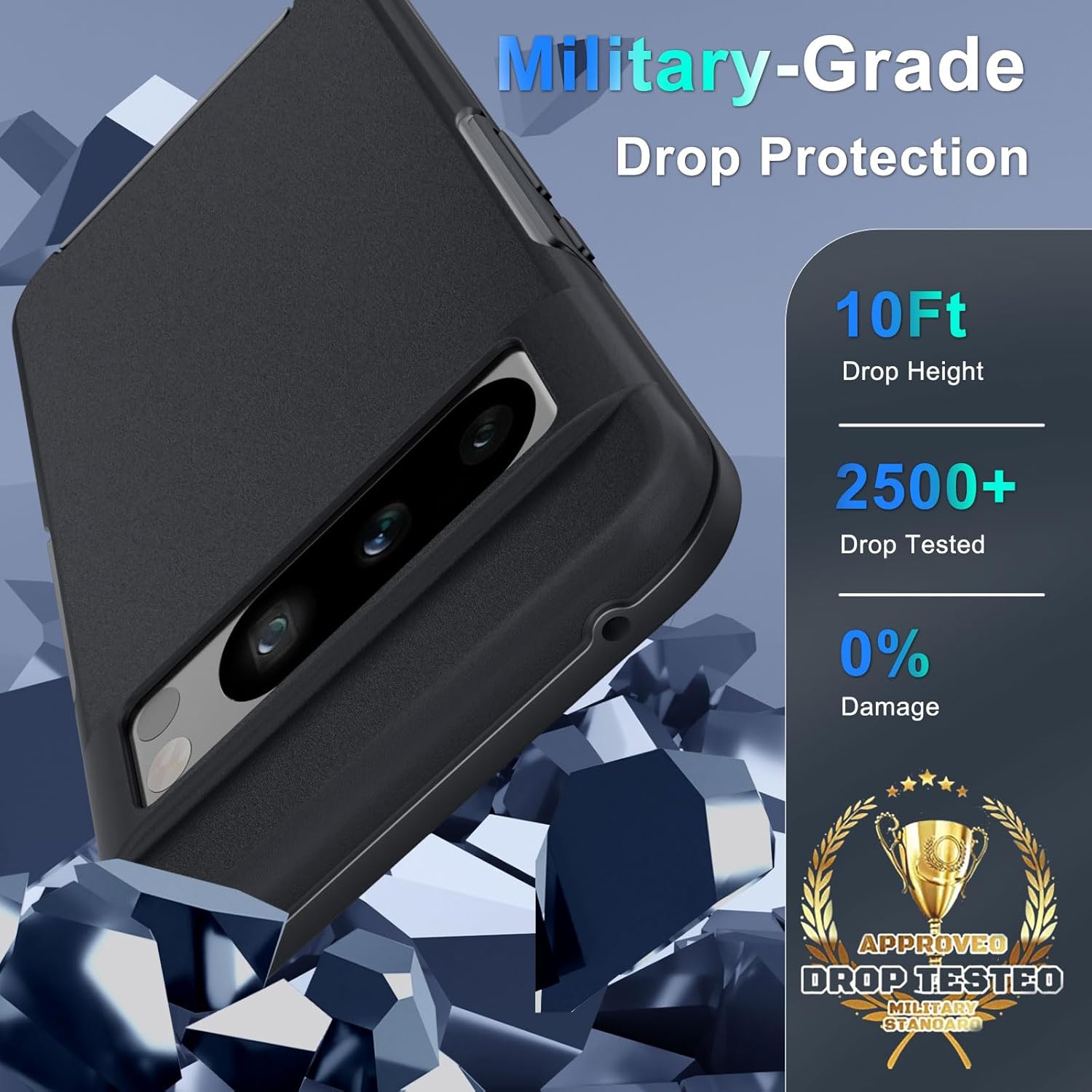 YENAPOON Funda para Google Pixel 8 Pro, protección contra caídas de grado militar de 10 pies, paquete de 2 protector de pantalla de vidrio templado