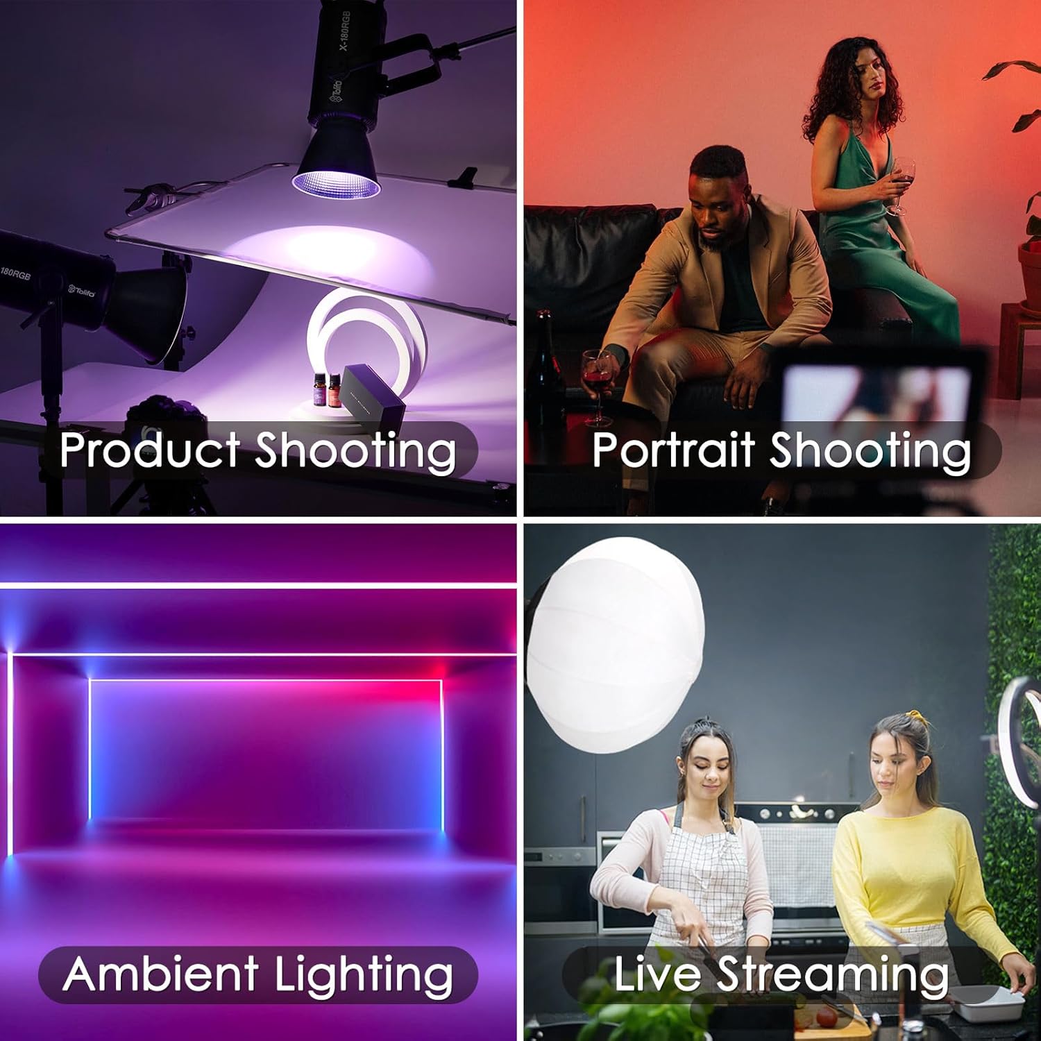 Tolifo Luz de video LED RGB X-180 con control de 2.4GAPP, iluminación de salida continua COB RGB de 180 W Montaje Bowens 22766Lux3.3 ft 2700K-6500K
