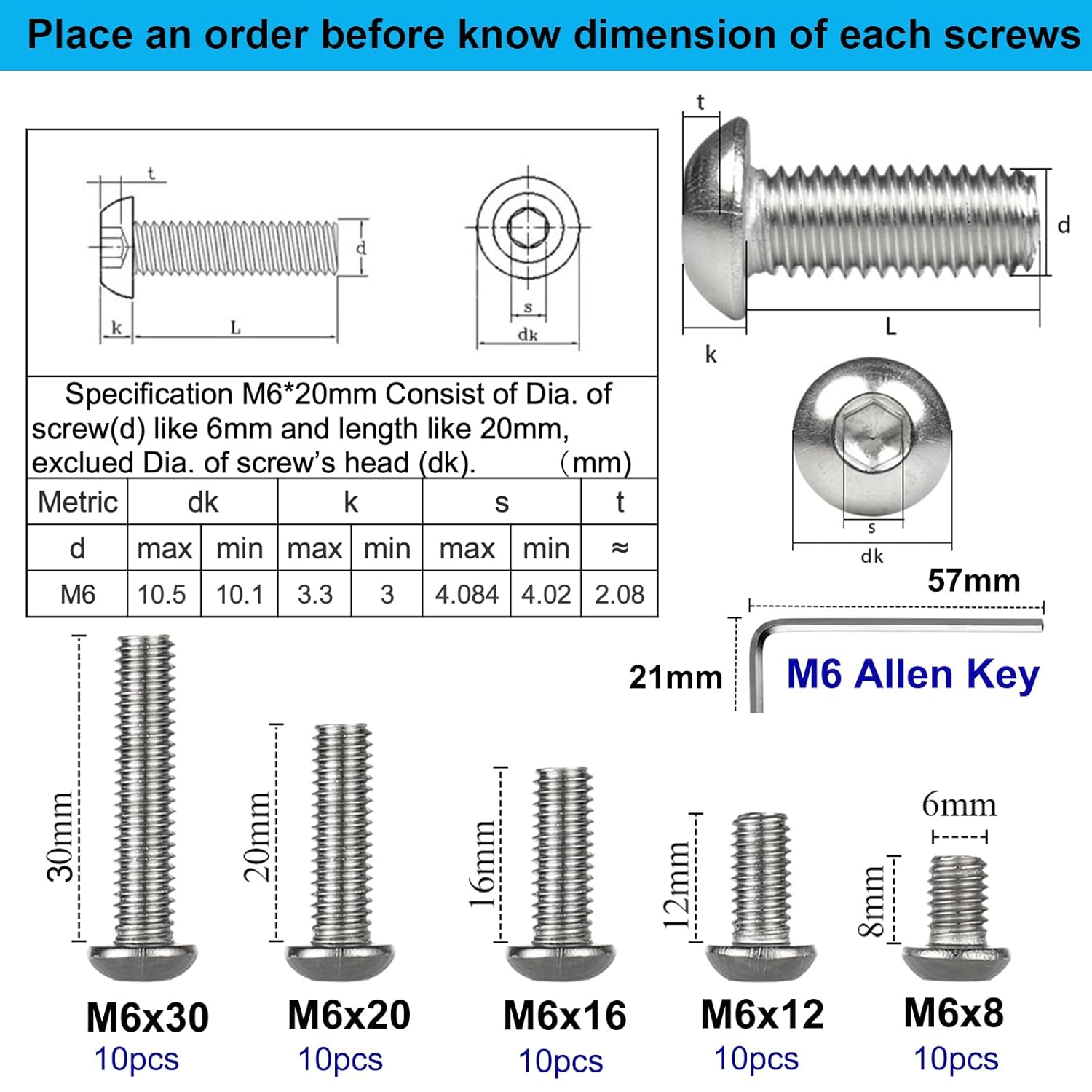50 tornillos hexagonales de cabeza de botón, 304 (18-8), acero inoxidable 304 (18-8), métrico M6 x 81216201.181 in Allen Head Hex Drive Tornillos de