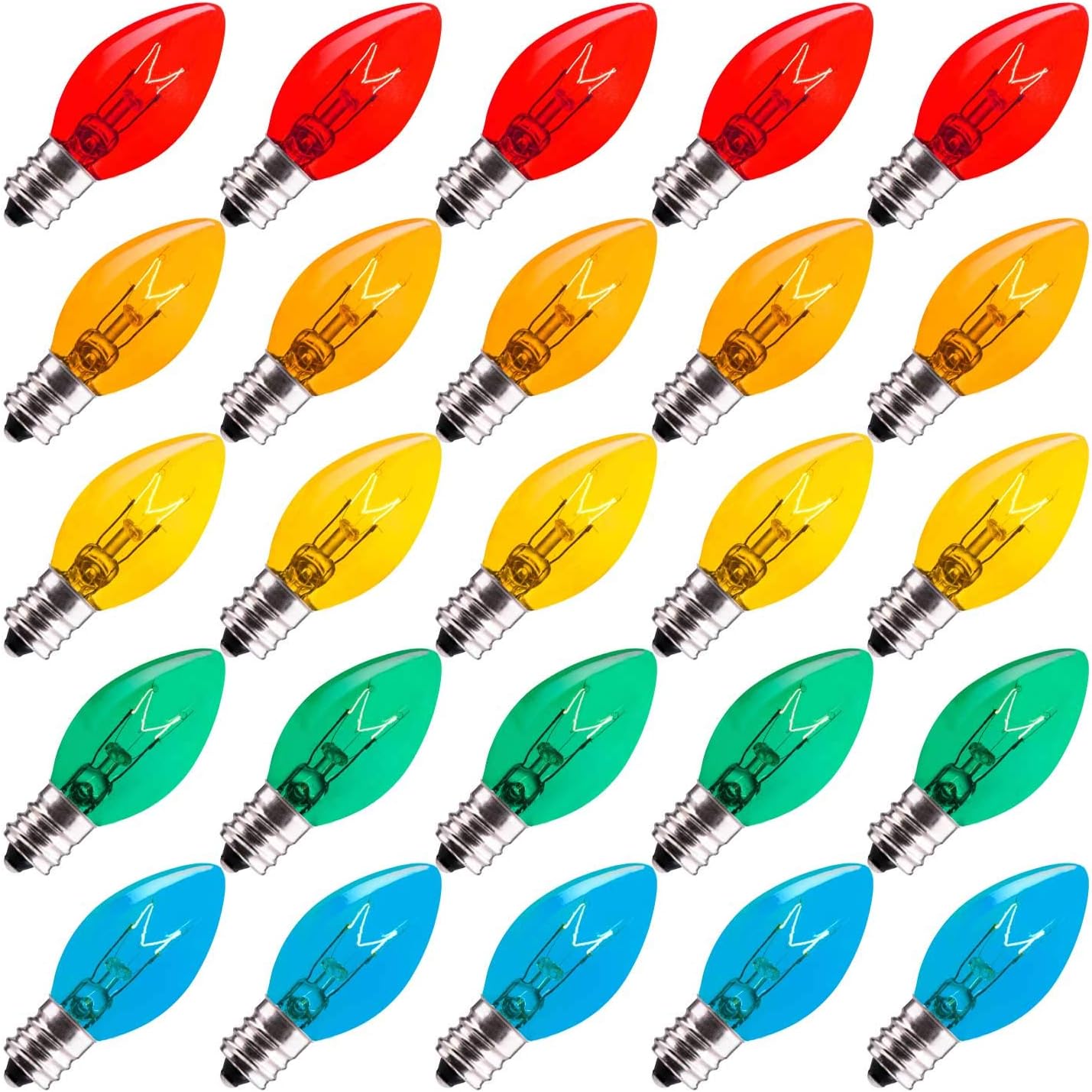 Paquete de 25 bombillas de repuesto C7 de Navidad, bombillas transparentes para tiras de luces de Navidad C7, candelabros E12, bombillas de Navidad