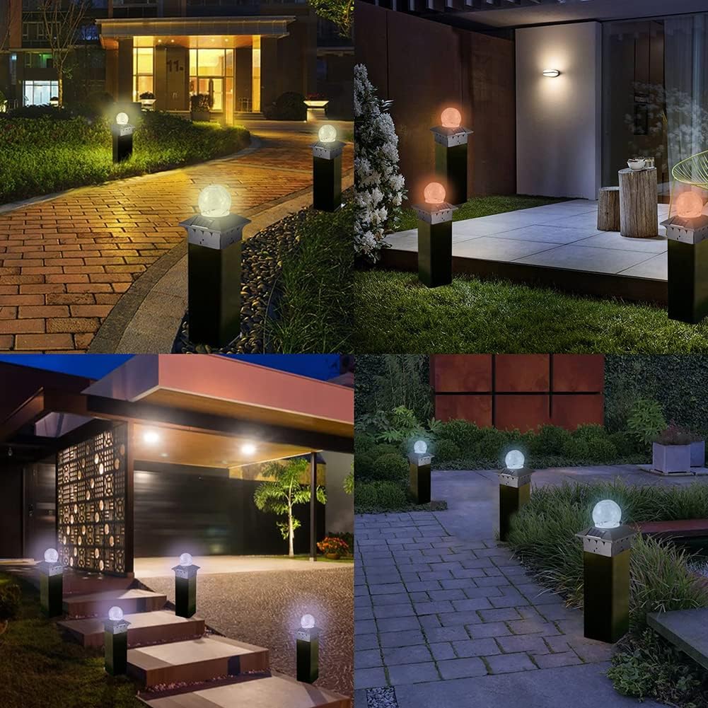 Luces solares para tapa de poste con 2 modos de luz, luces de poste de valla alimentadas por energía solar con lámpara de bola de vidrio agrietado,