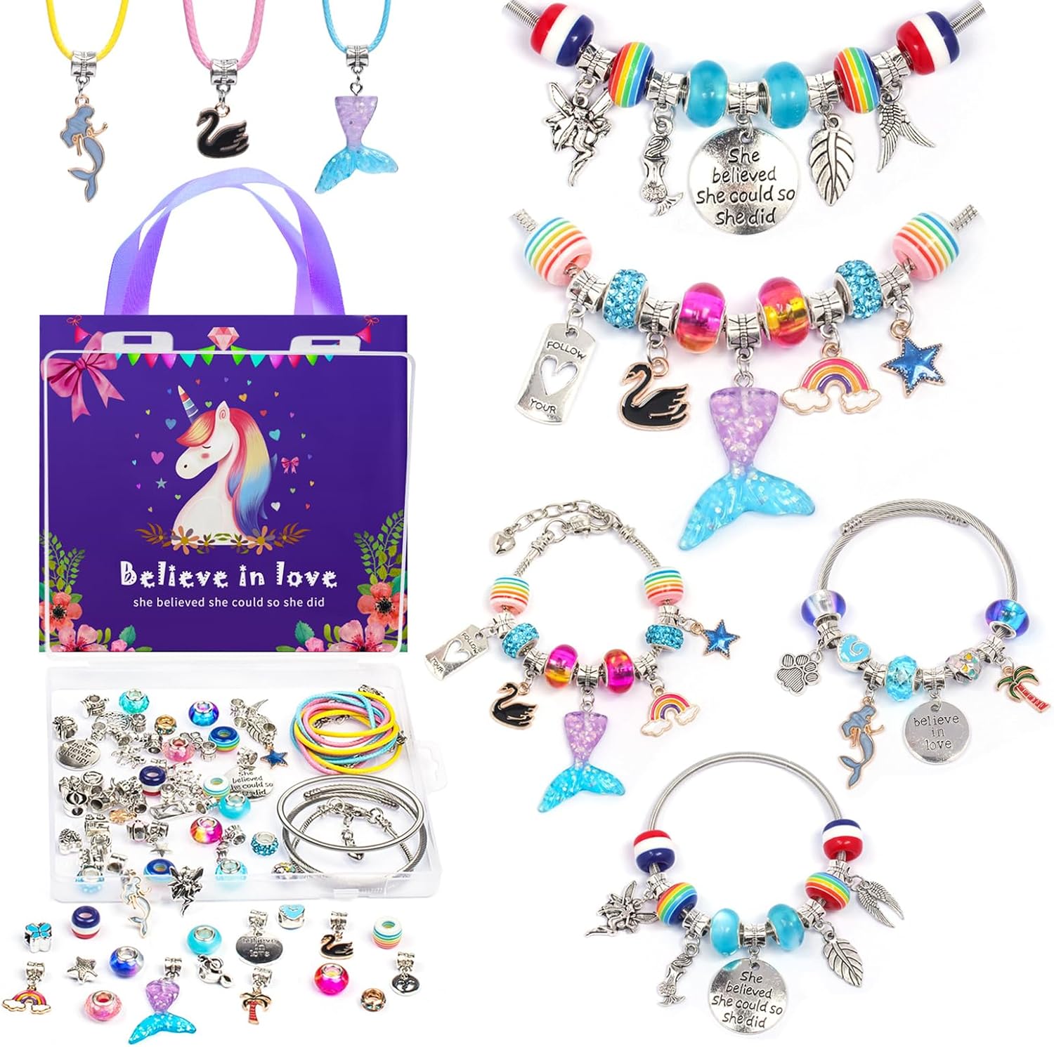 ZQFTZQ Kit de fabricación de pulseras con dijes para manualidades, incluye cuentas, cadenas de serpiente, pulsera de cuentas, unicornio, sirena,