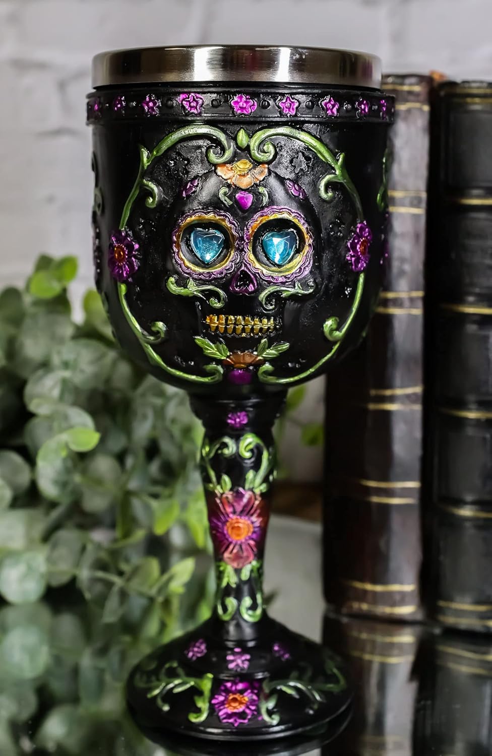 Ebros Día de los Muertos Osario Boda Calavera de Azúcar Negro Copa de Vino 7oz Cáliz Como Cocina Decorativo Fiesta de Halloween Centro de mesa