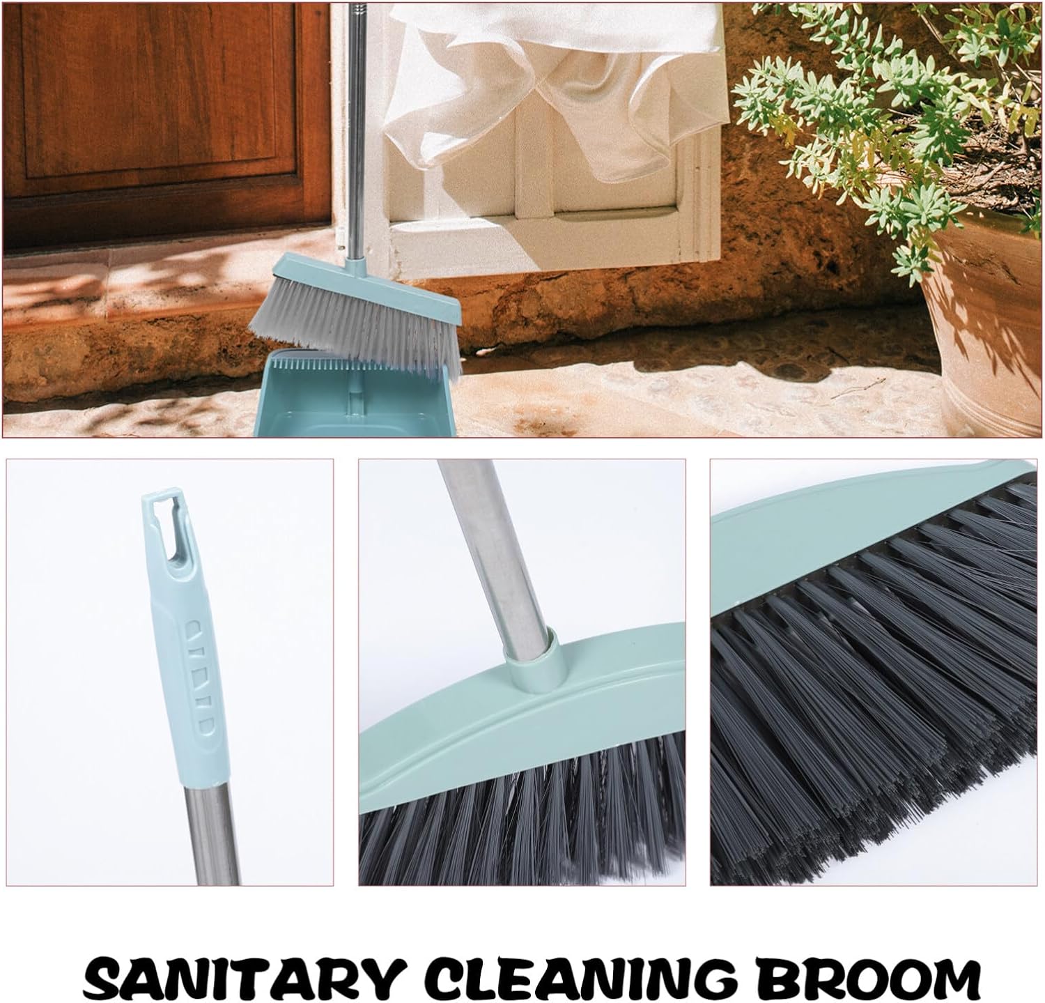 KALLORY Escoba resistente de mango largo, escoba de ángulo para interiores y exteriores, escoba de barrido, escoba de limpieza de piso para garaje,