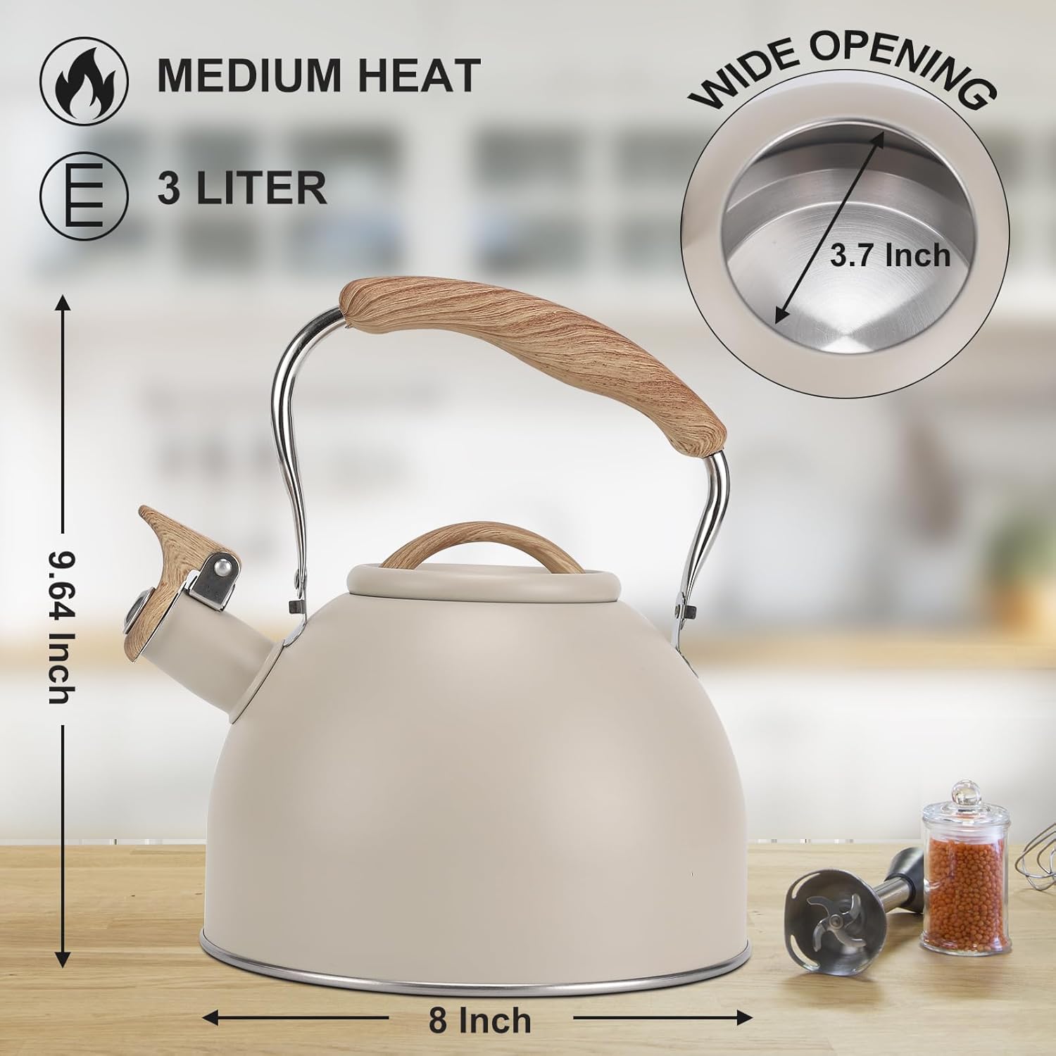 Vegoran – Tetera de 100 onzas  3 litros, tetera para estufa, acero inoxidable de grado alimenticio con mango plegable con patrón de madera, silbato