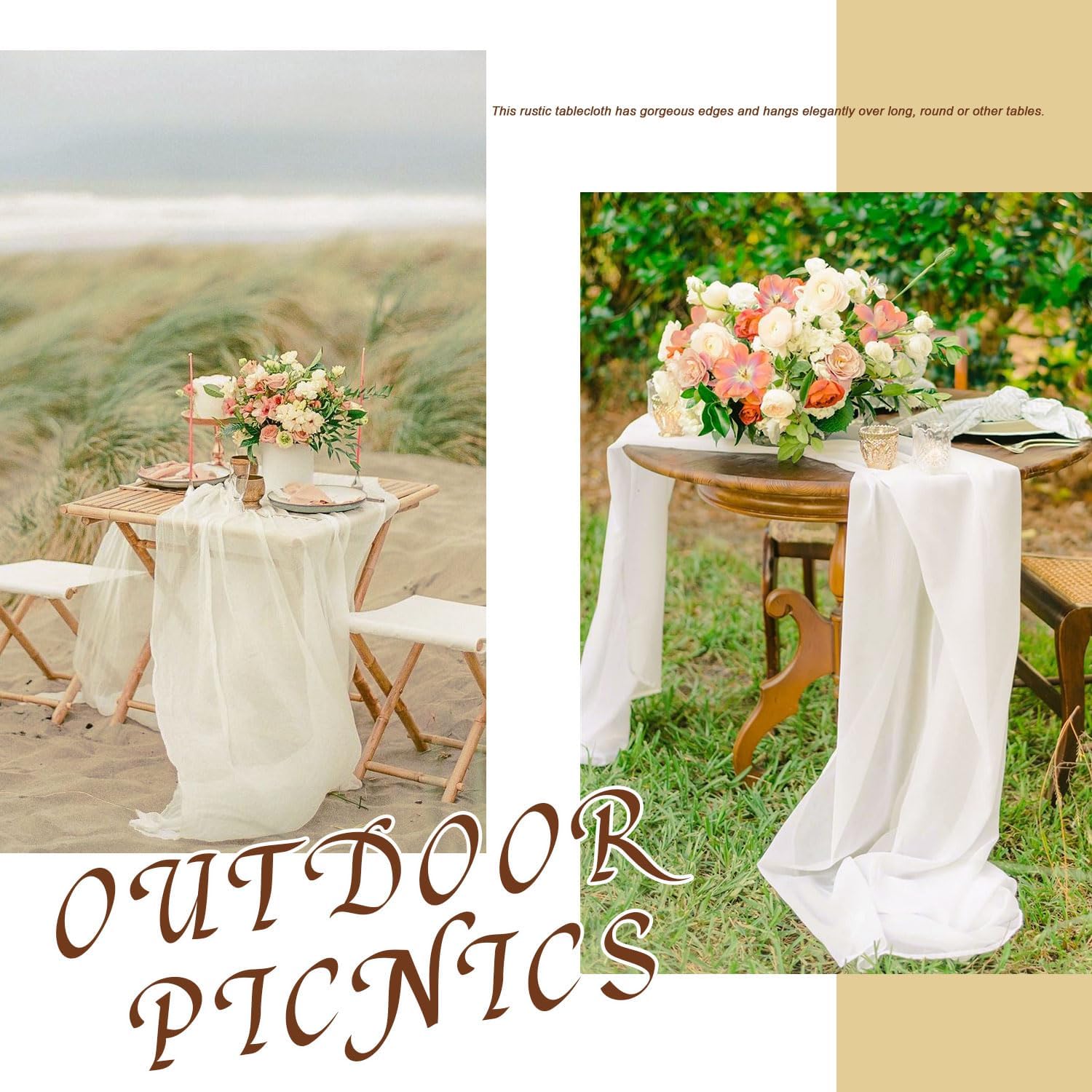 BESBESME Camino de mesa de gasa beige, camino de mesa grande blanco de 10 pies, romántico camino de mesa transparente para boda, fiesta, despedida