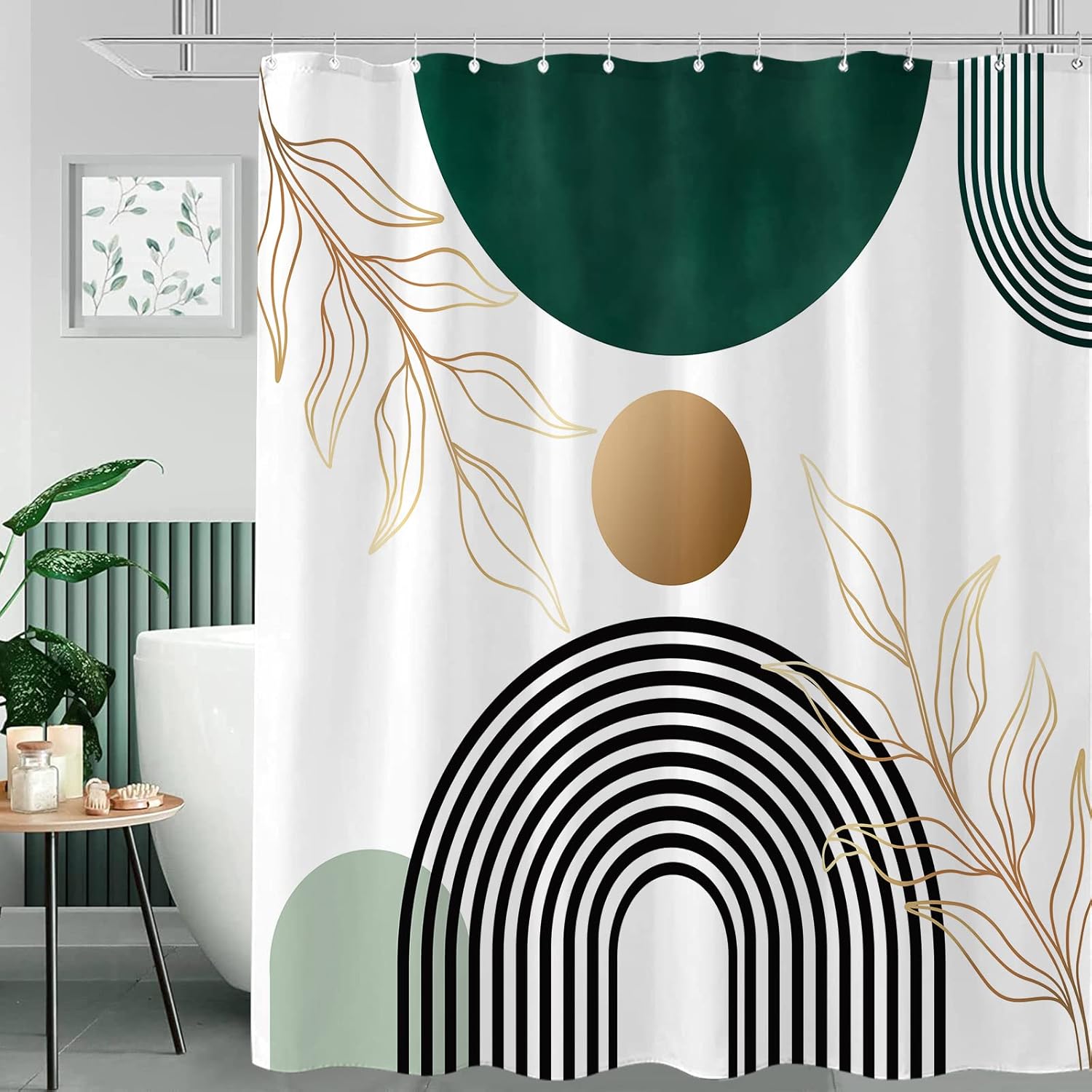 Aipon Cortina de ducha verde de mediados de siglo para baño, cortina de ducha abstracta bohemia de tela moderna impermeable para baño con 12 ganchos