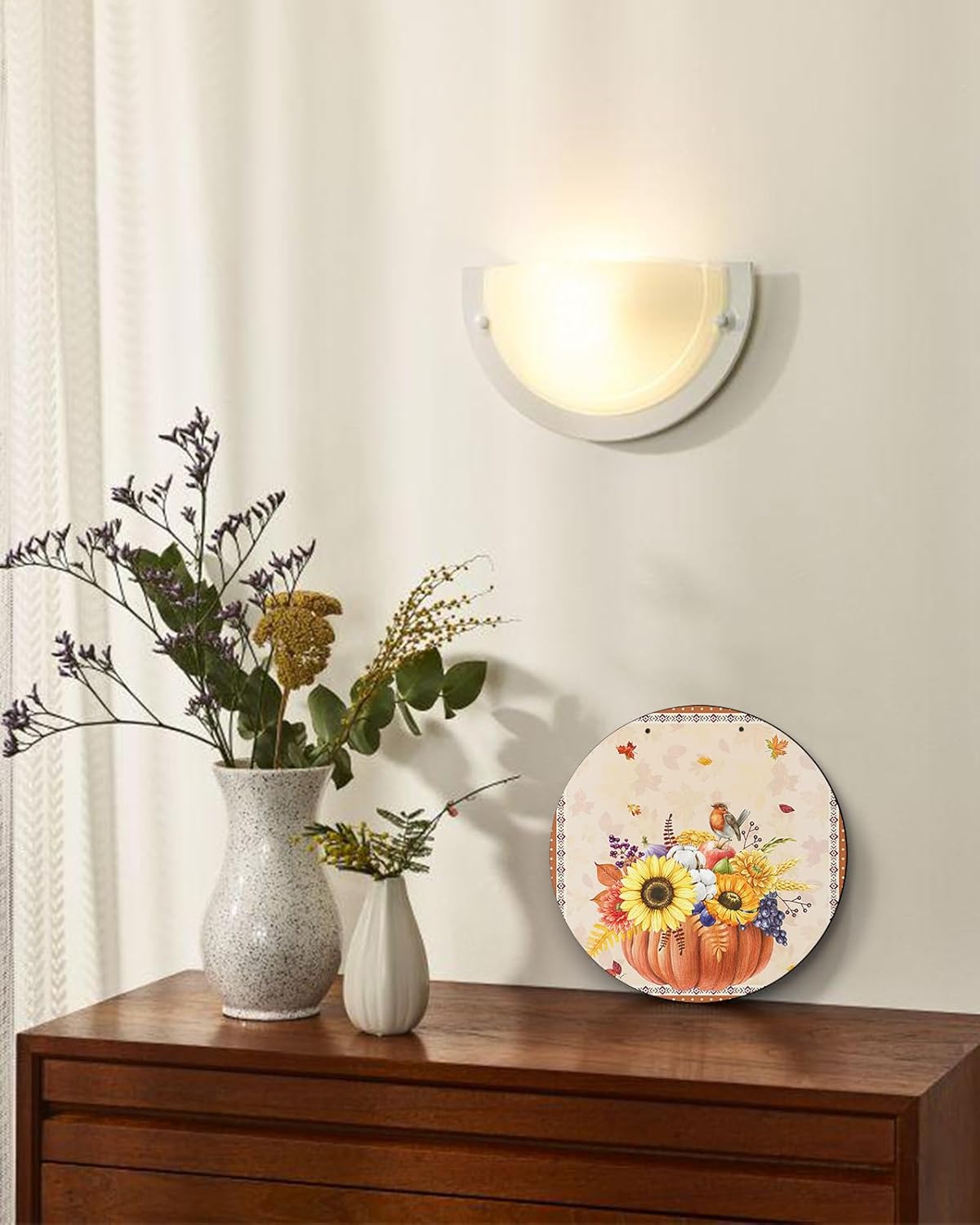 Letrero de bienvenida para decoración de puerta delantera, girasol de otoño, hojas de arce, calabaza, bohemio, de 10 pulgadas, coronas colgantes,