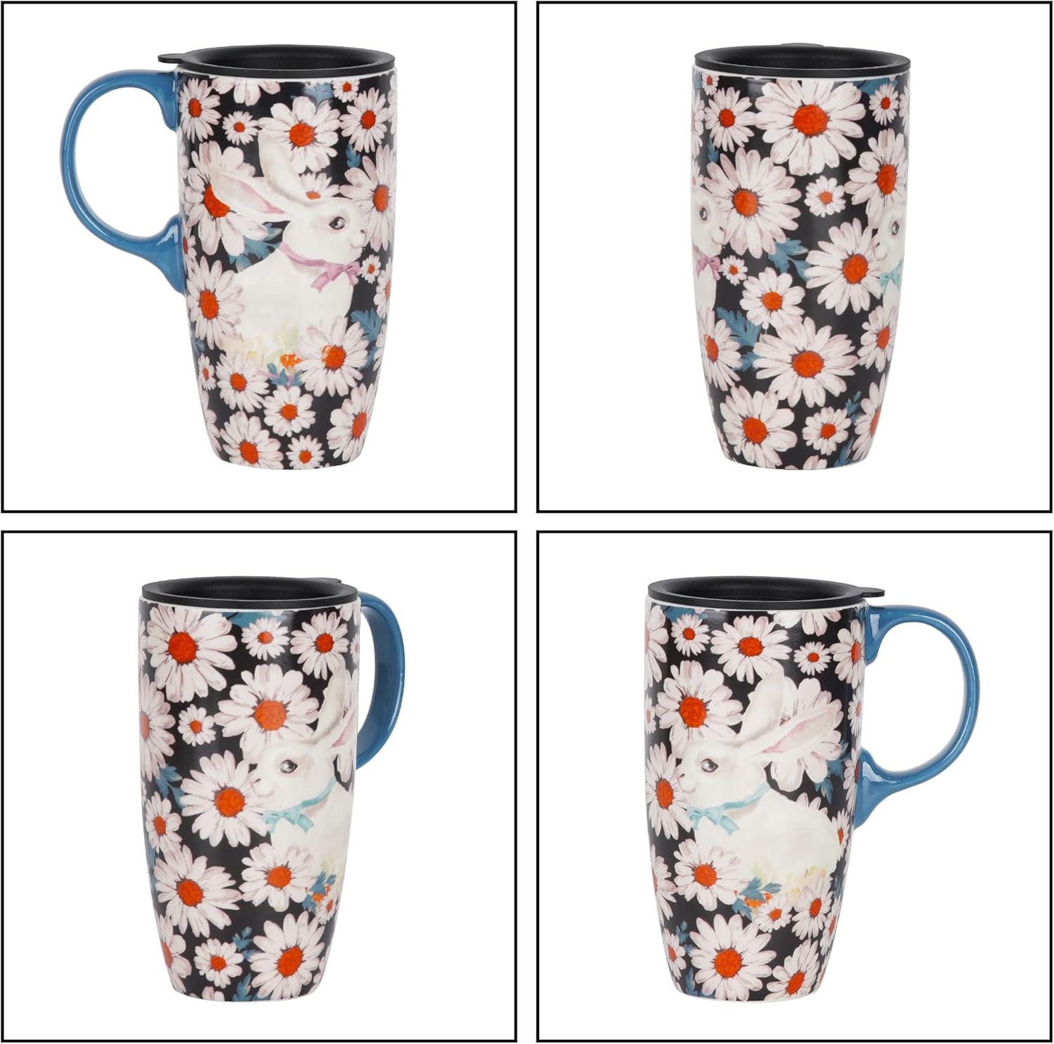 DUSVALLY Taza de cerámica para café, taza de café de viaje, taza de té con leche de porcelana con tapa y caja de color, 17 onzas, taza alta grande,