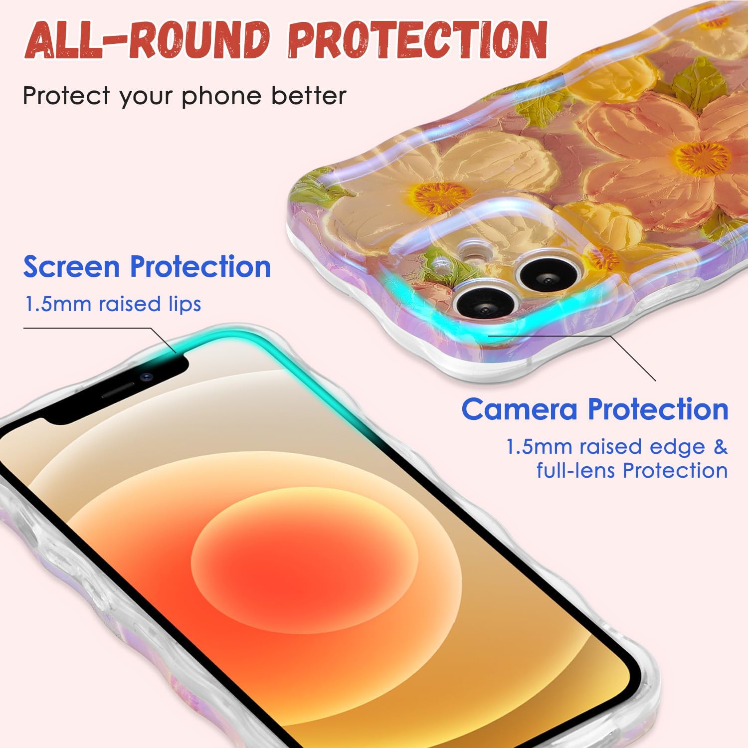 QLTYPRI Funda para iPhone 11, Colorido Láser Retro Pintura Al óleo Patrón De Flores Lindo Marco De Onda Rizada Exquisita Caja Del Teléfono Para