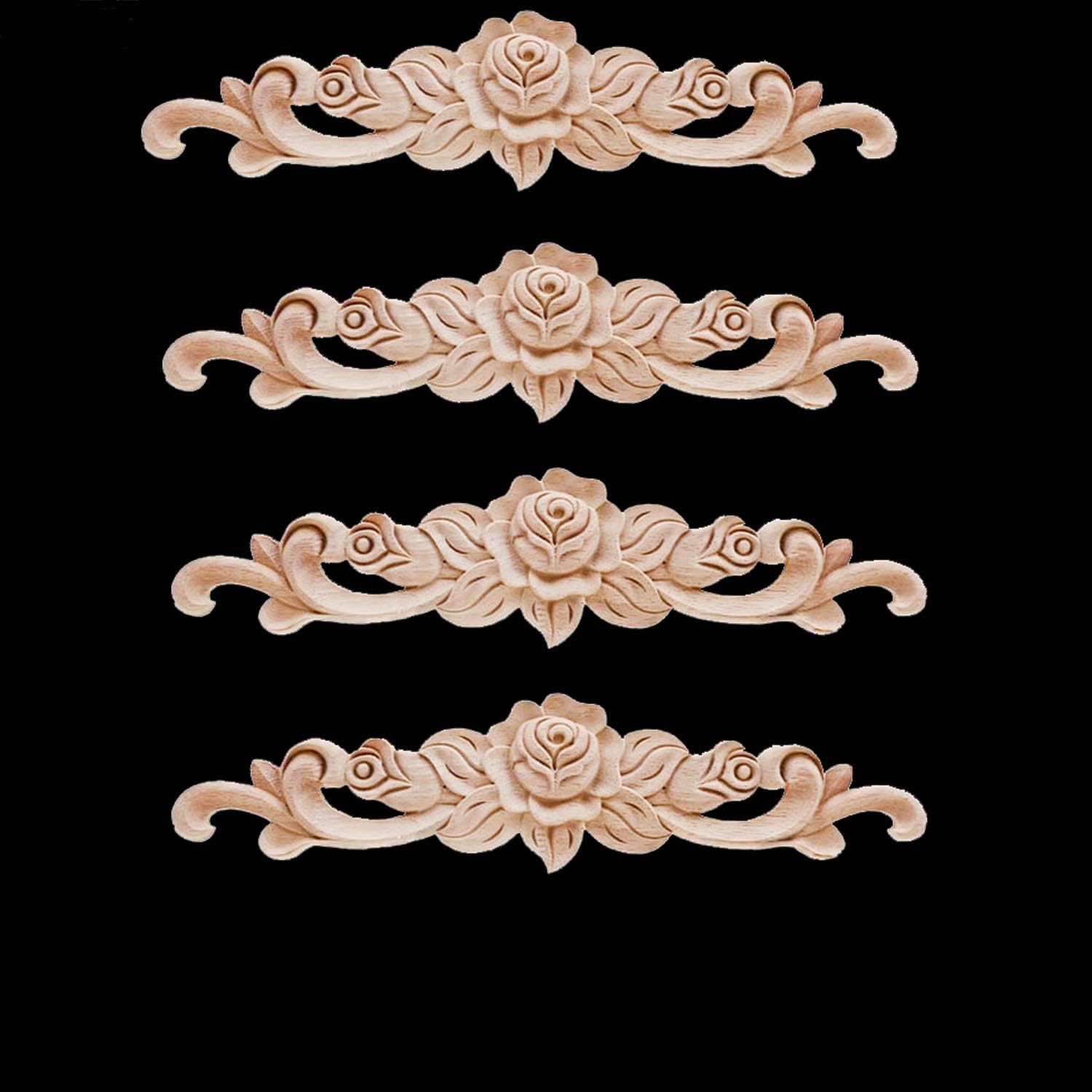 Beoot 4 piezas de madera tallada apliques onlay sin pintar esquina Onlay Applique puerta gabinete rosa sin pintar estilo europeo
