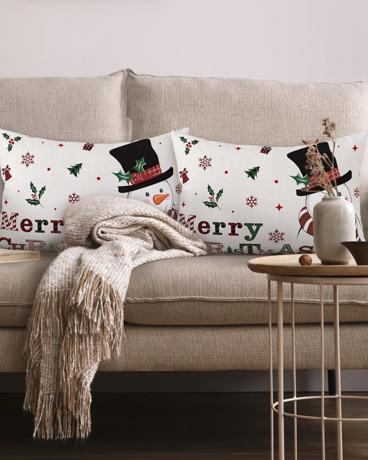 Juego de 2 fundas de almohada de lino con diseño de muñeco de nieve, árbol de Navidad, copos de nieve, rústicas, de 12 x 20 pulgadas, fundas de