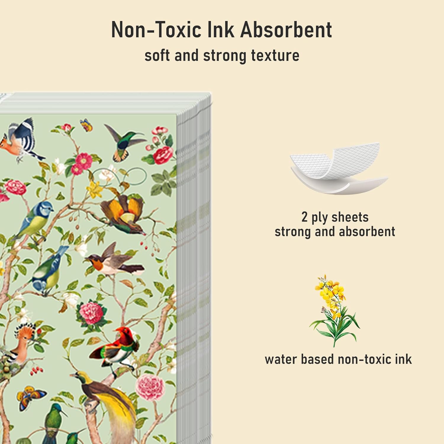 100 toallas de mano desechables, servilletas de papel vintage con diseño floral de pájaro de acuarela, servilletas de invitados con flores