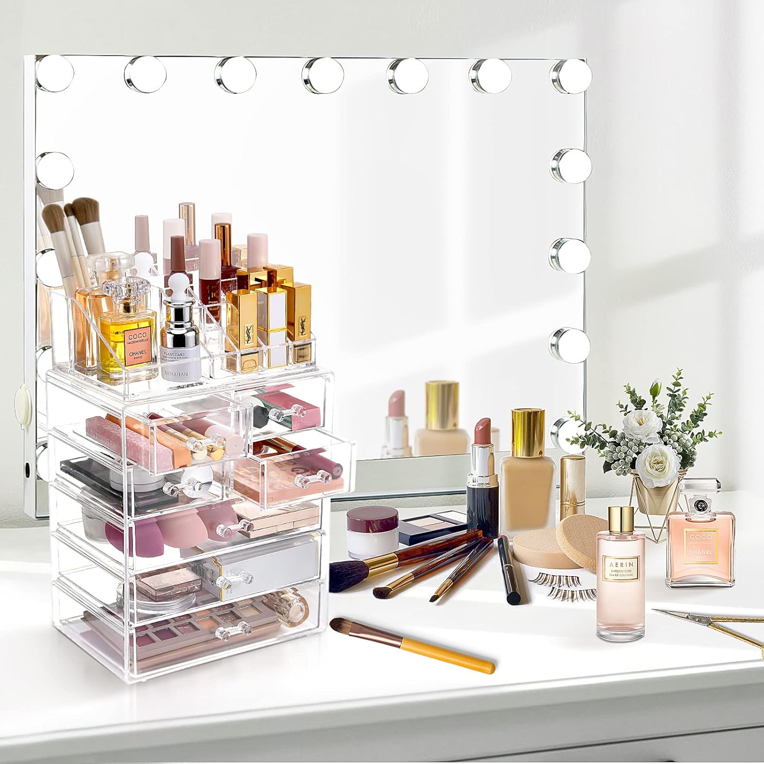 Organizador de maquillaje transparente con soporte para pinceles, gran exhibición de cosméticos de acrílico y organizador de maquillaje y