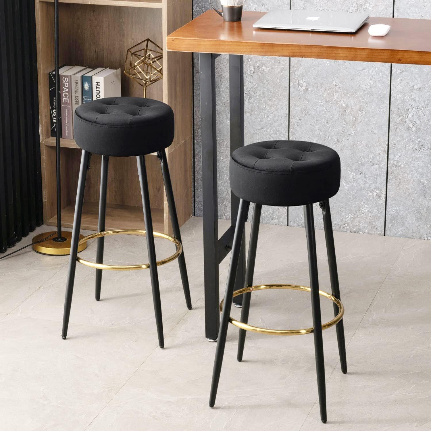 Furnimart Juego de 2 taburetes de bar redondos modernos de 30 pulgadas, taburete tapizado para silla de comedor con reposapiés dorado para isla de