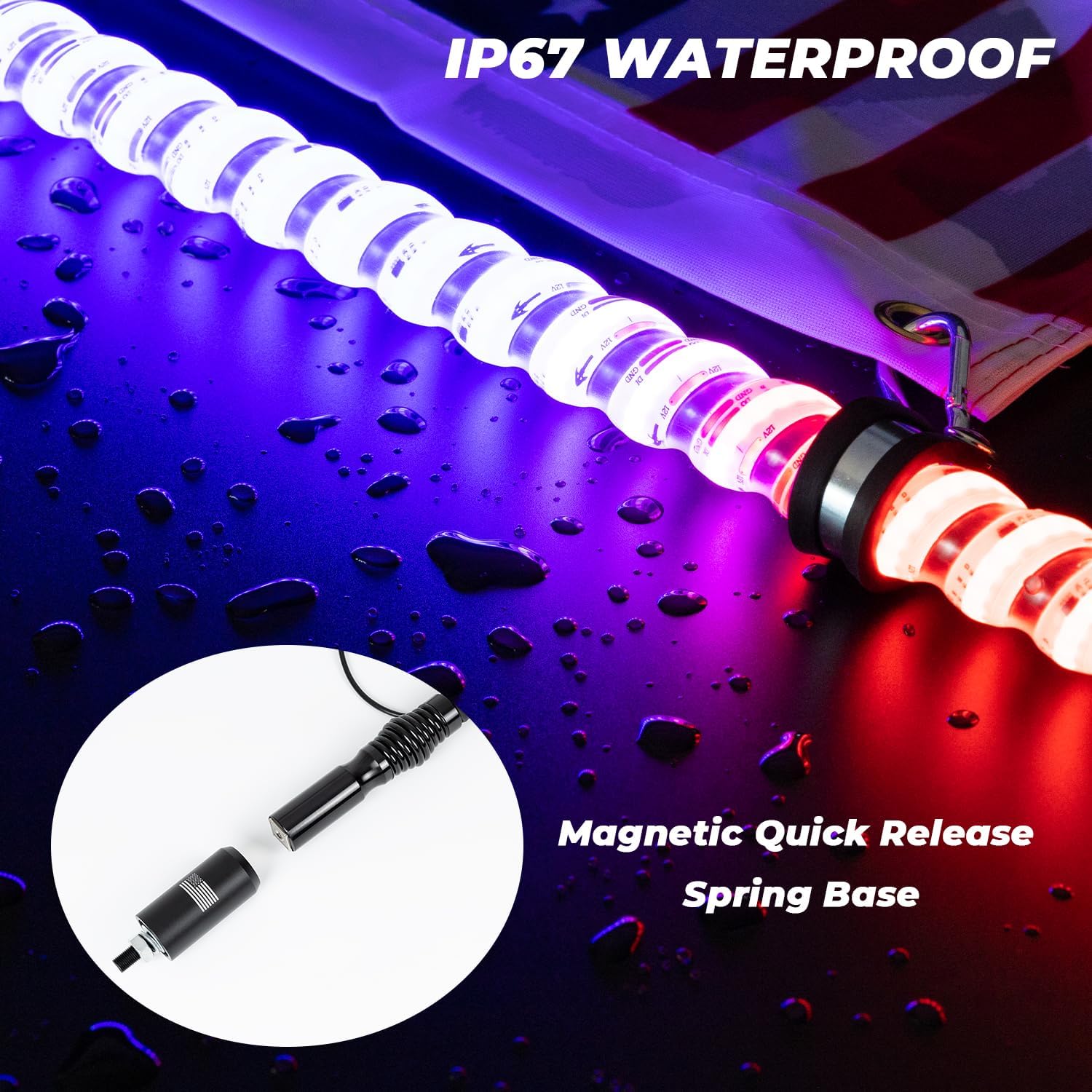 2 luces LED de látigo de 3 pies con base magnética y base de resorte, Bluetooth y control remoto RGB en espiral de 360, persecución de advertencia