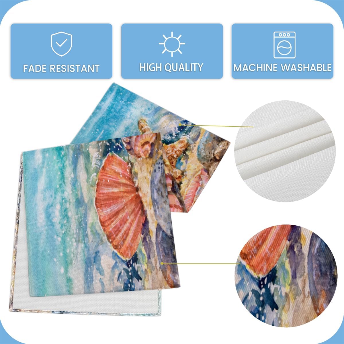 Table Runner Watercolor Shell Starfish, Rustic Linen Table Cloth for Farmhouse Kitchen, Dinner, Events, Party, Holiday Table Decor 13 x 36 Inches