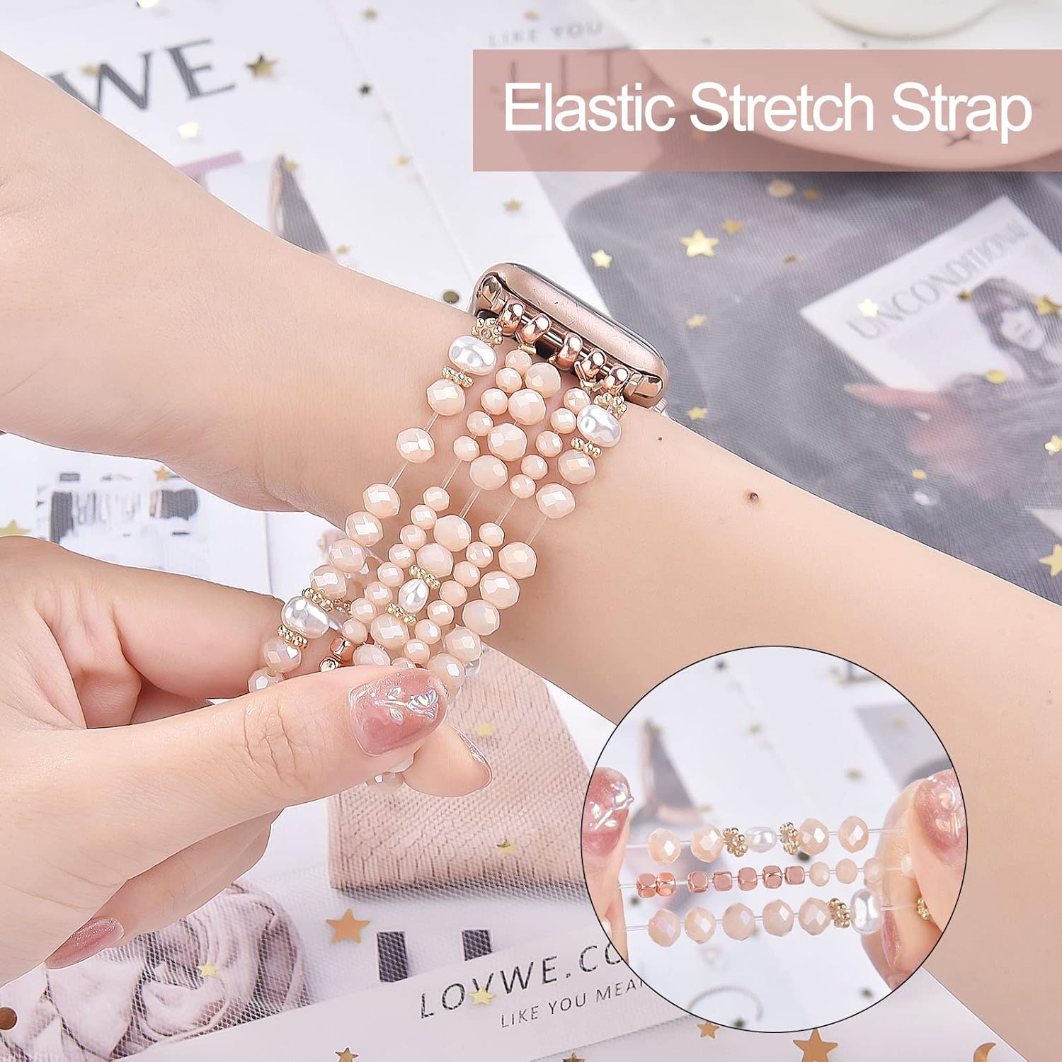 V-MORO Beaded Bracelet Compatible with 41mm40mm38mm,45mm44mm42mm49mm(ultra) Women Apple Watch Bands Natural Pearl Beads Handmade Elastic Stretch