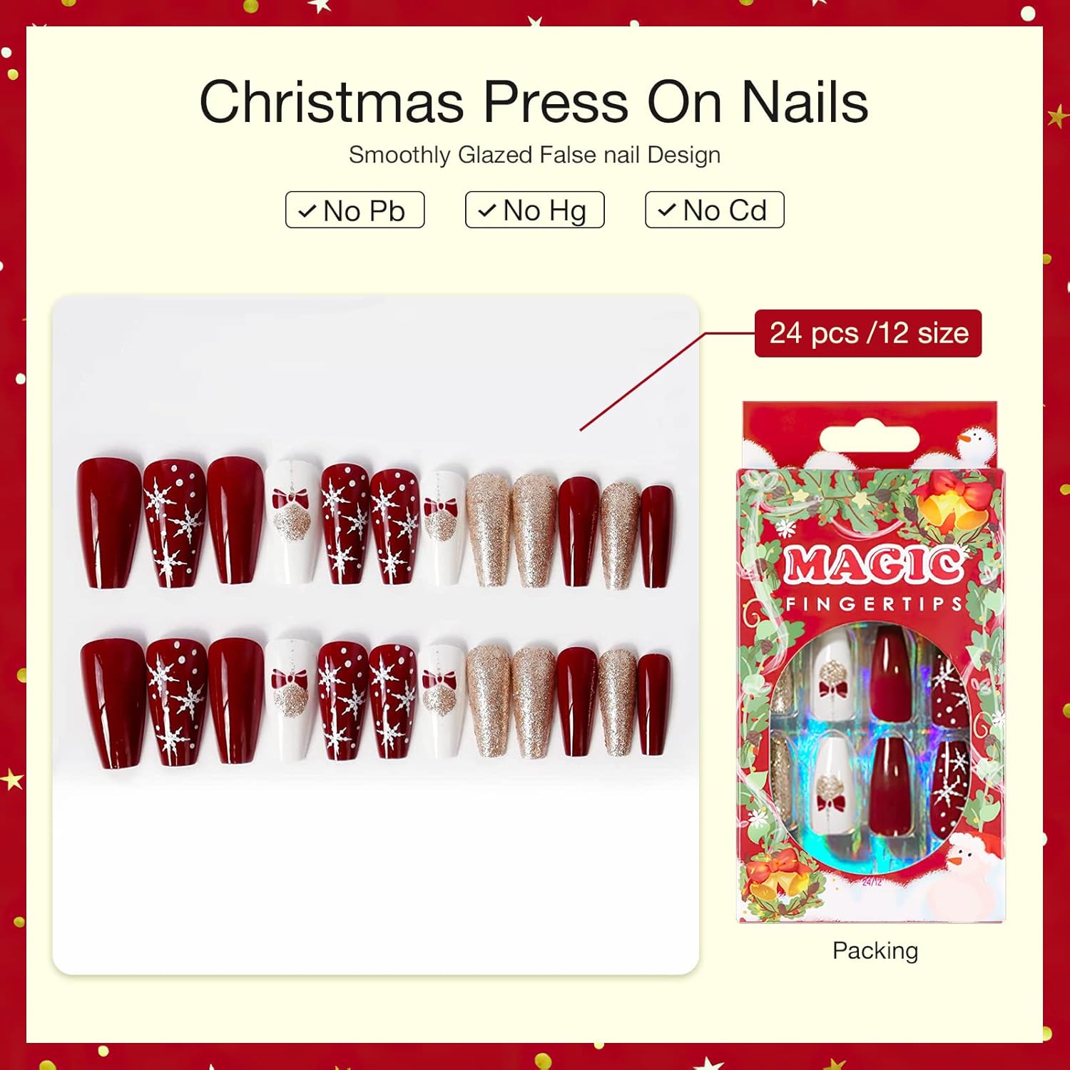 Kit de uñas postizas de acrílico de ataúd corto para Año Nuevo, decoración artística de copo de nieve de Navidad, puntas falsas de bailarina 05