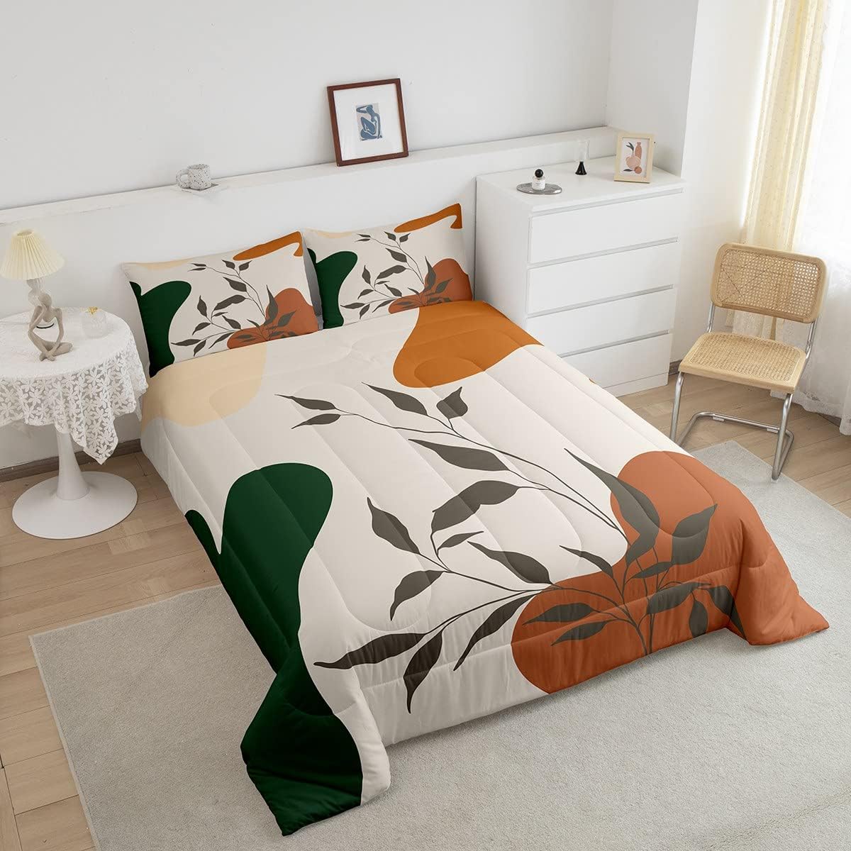 Juego de edredón de hojas, tamaño King, color naranja y verde, juego de ropa de cama para niños y niñas, retro, exótico, arte moderno, abstracto,
