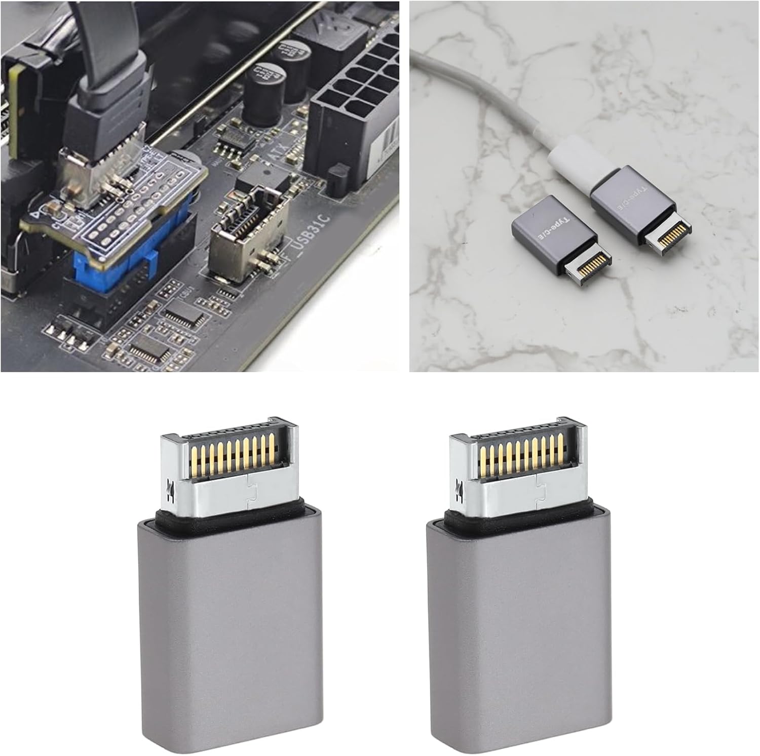 2 unids USB 3.1 Tipo E a Tipo C Adaptador de metal Placa base de computadora Adaptador frontal Accesorios de computadora 10Gbps 1.004×0.571×0.272 in