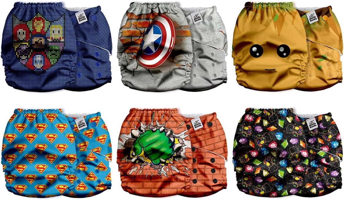 Mama Koala Pañales de tela 2.0 para bebés con forro AWJ, paquete de 6 con 6 insertos de pañales de tela de bambú, pañales de bolsillo reutilizables