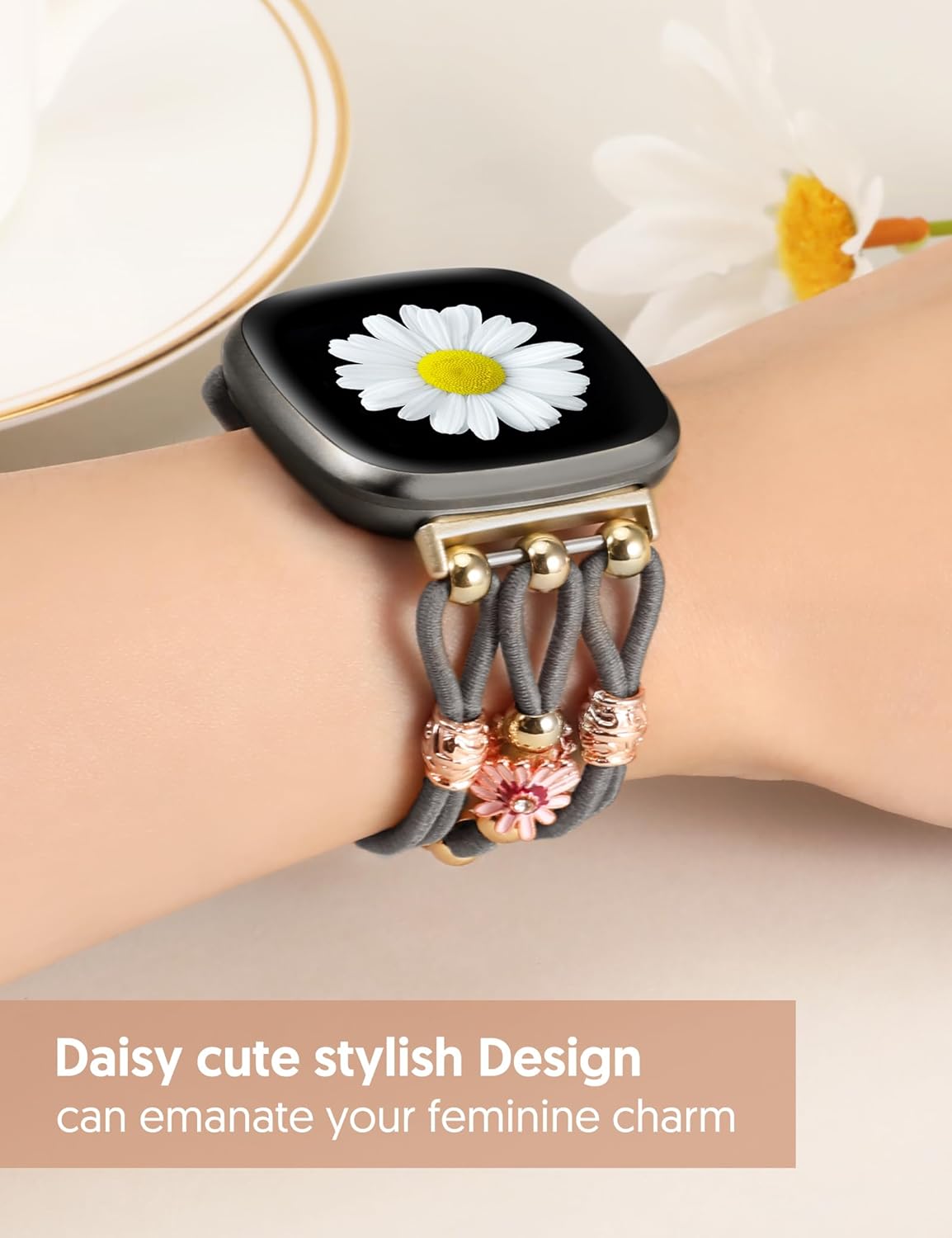 TOYOUTHS Pulsera floral compatible con Fitbit Versa 4Versa 3Sense 2Sense Band para mujeres y niñas, correa trenzada de flores de margarita bohemia