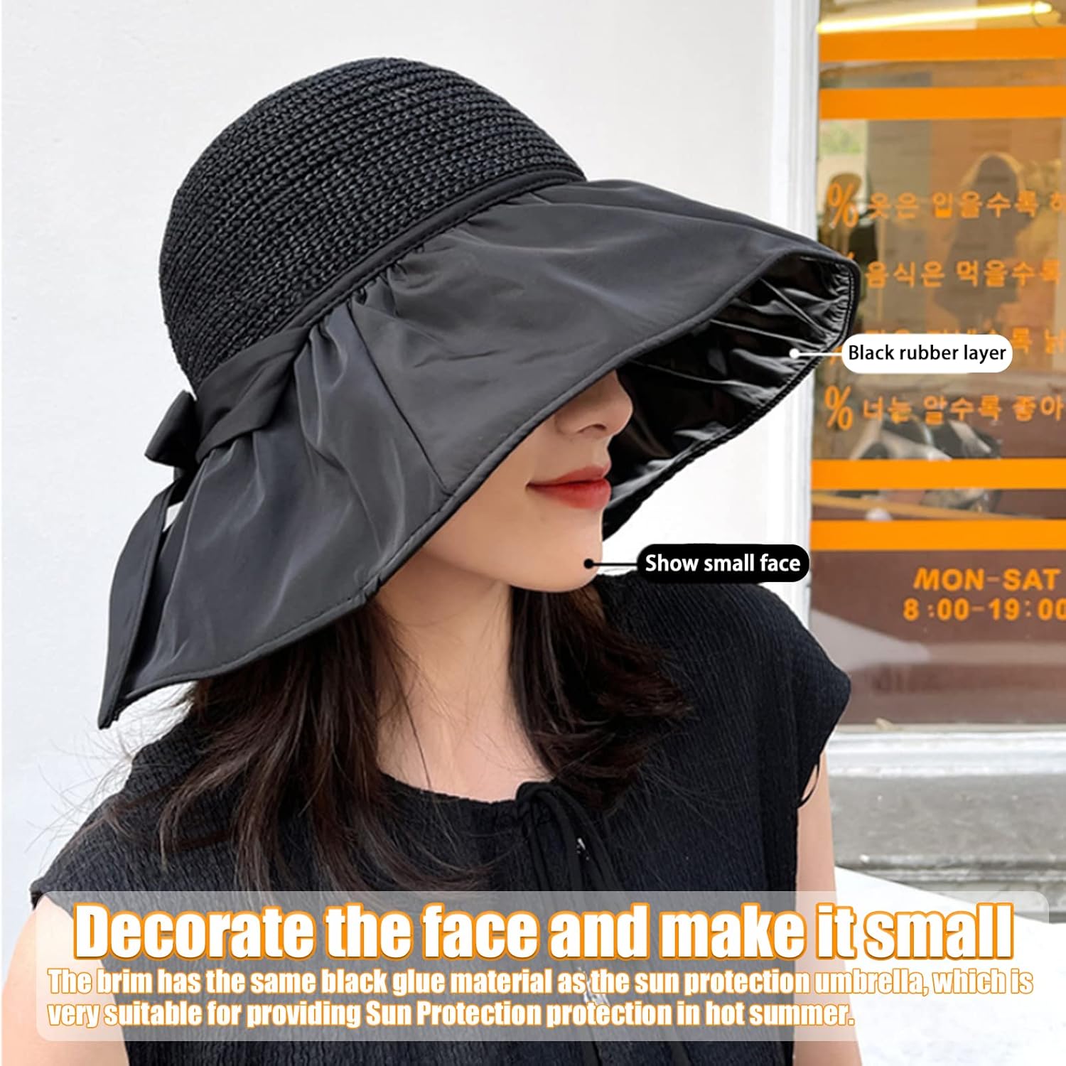 Sombrero de sol para mujer, sombrero de paja con protector solar de playa, sombrero plegable de borde ancho, banda resistente al viento y manga de