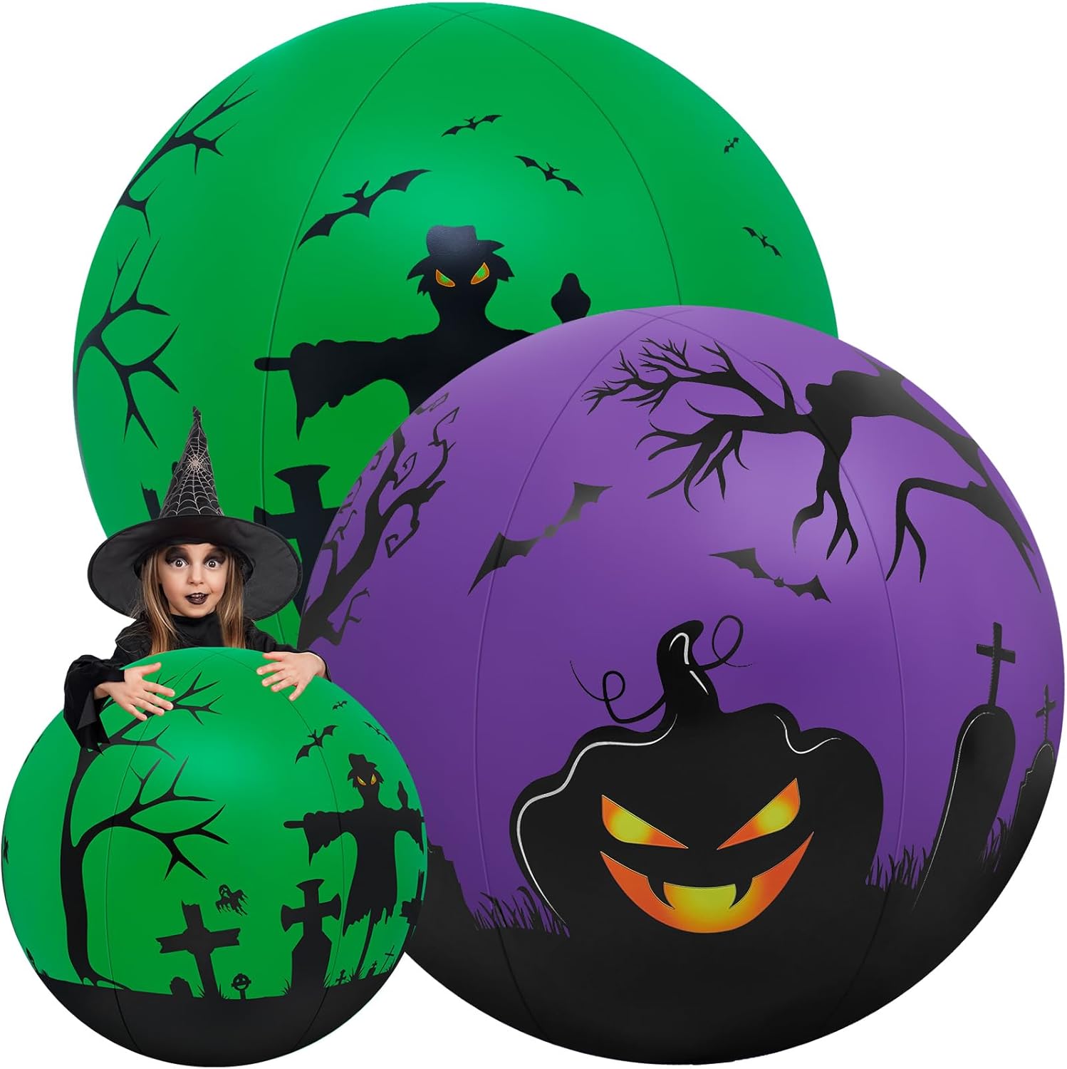 2 piezas de 27 pulgadas que brillan en la oscuridad enorme bola de Halloween con luz LED, bola inflable gigante de Halloween que brilla