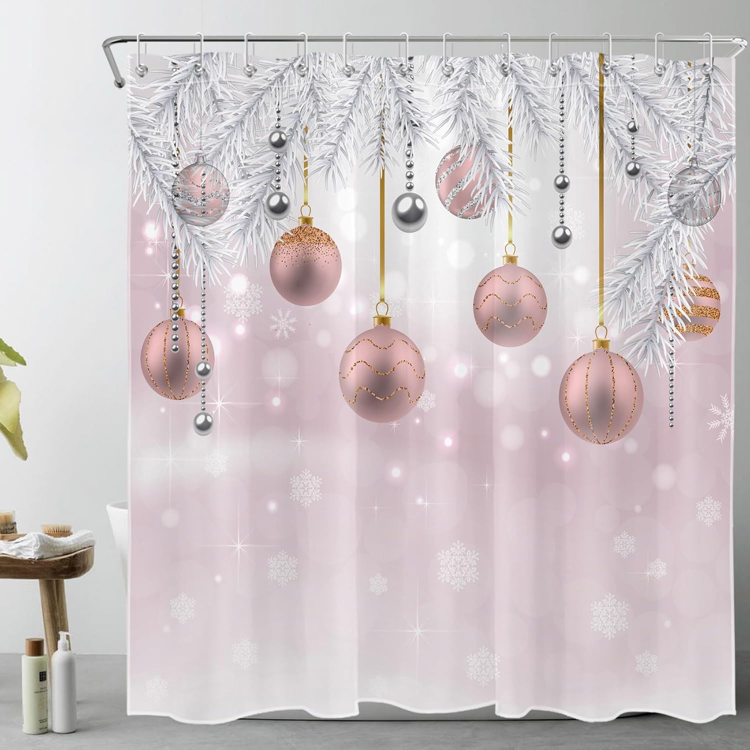 MEUNEAR Cortina de ducha de Navidad con tapete de baño, bolas de Navidad rosas y plateadas, juego de cortina de ducha de rama de abeto con cortina