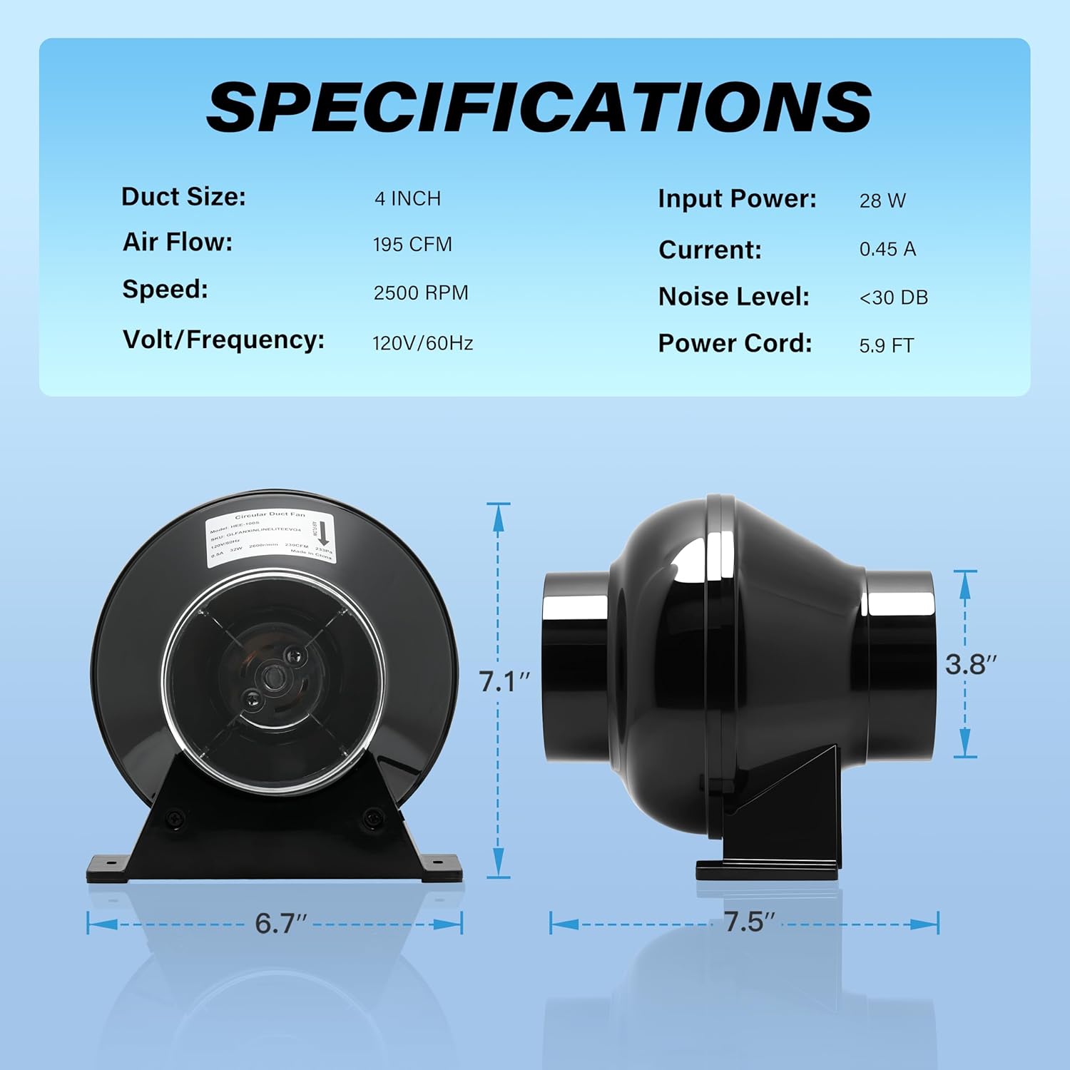 HealSmart Conducto en línea de escape de 4 pulgadas, 195 CFM, ventilador silencioso para tienda de cultivo en interiores, ventilación hidropónica,