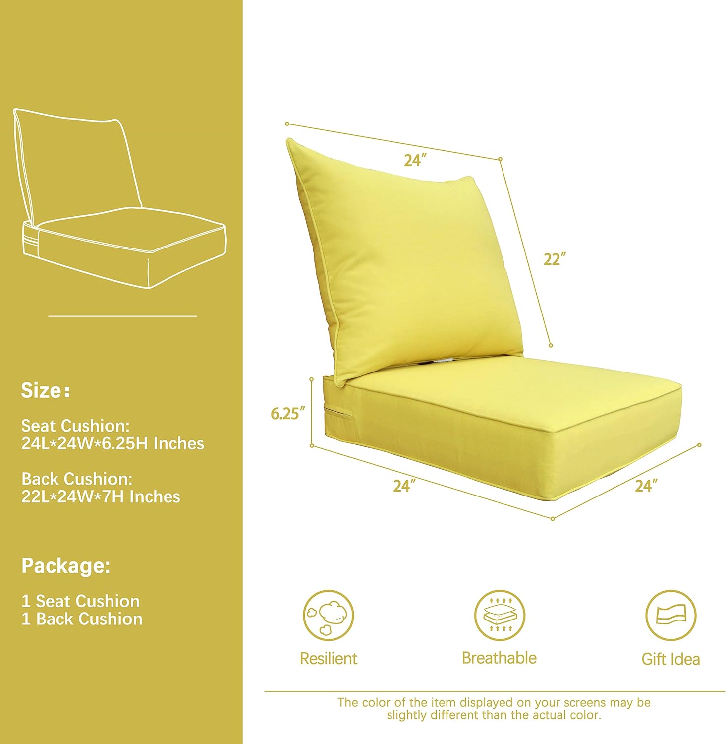 BOSSIMA Cojines de patio al aire libre de 24 x 24 pulgadas, cojines de asiento profundo, cojines para muebles, lona Sunbrella-Celadon